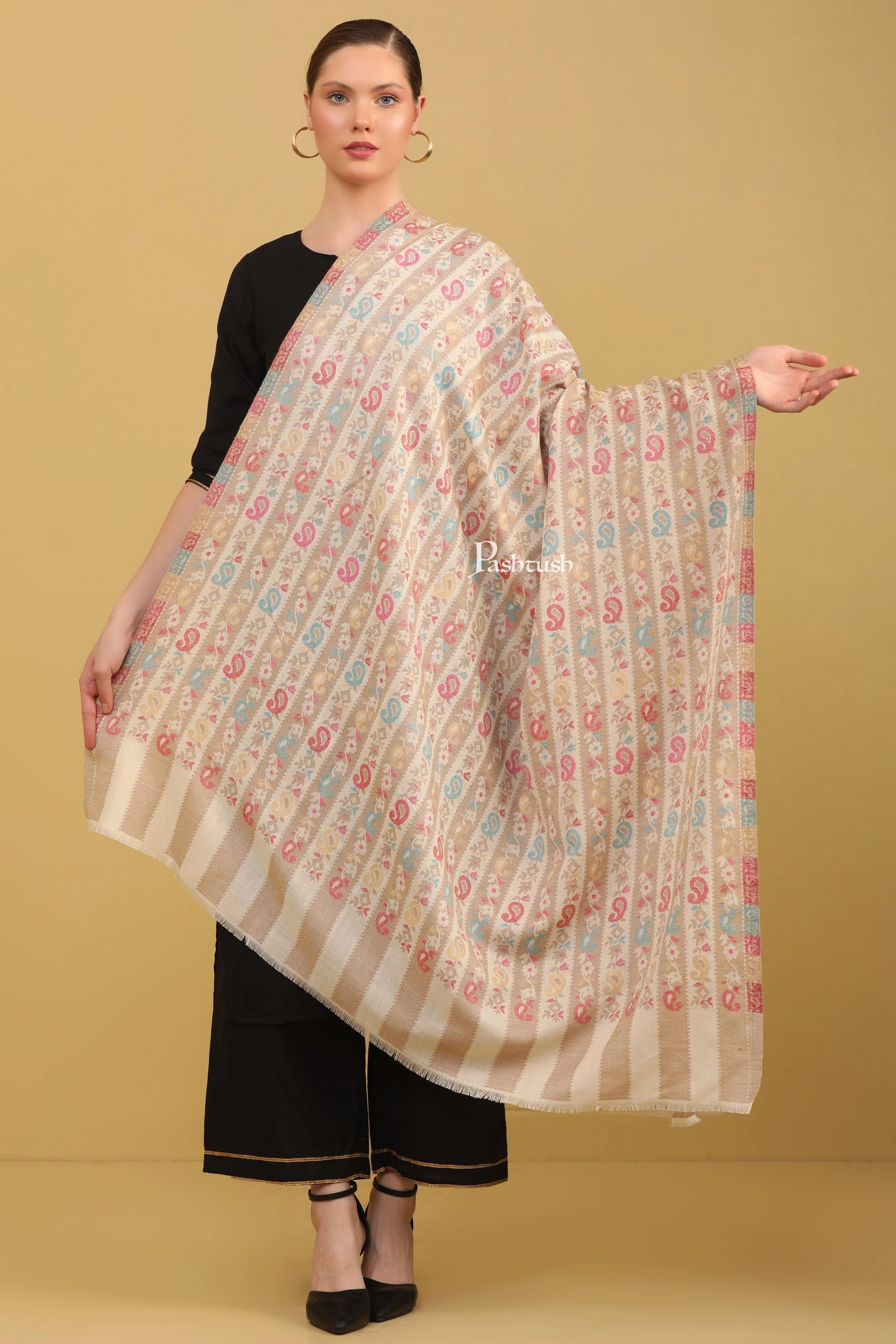 Pashtush Womens Faux Pashmina Shawl, Stripe Weave With Zari Design, Ivory - Image 3