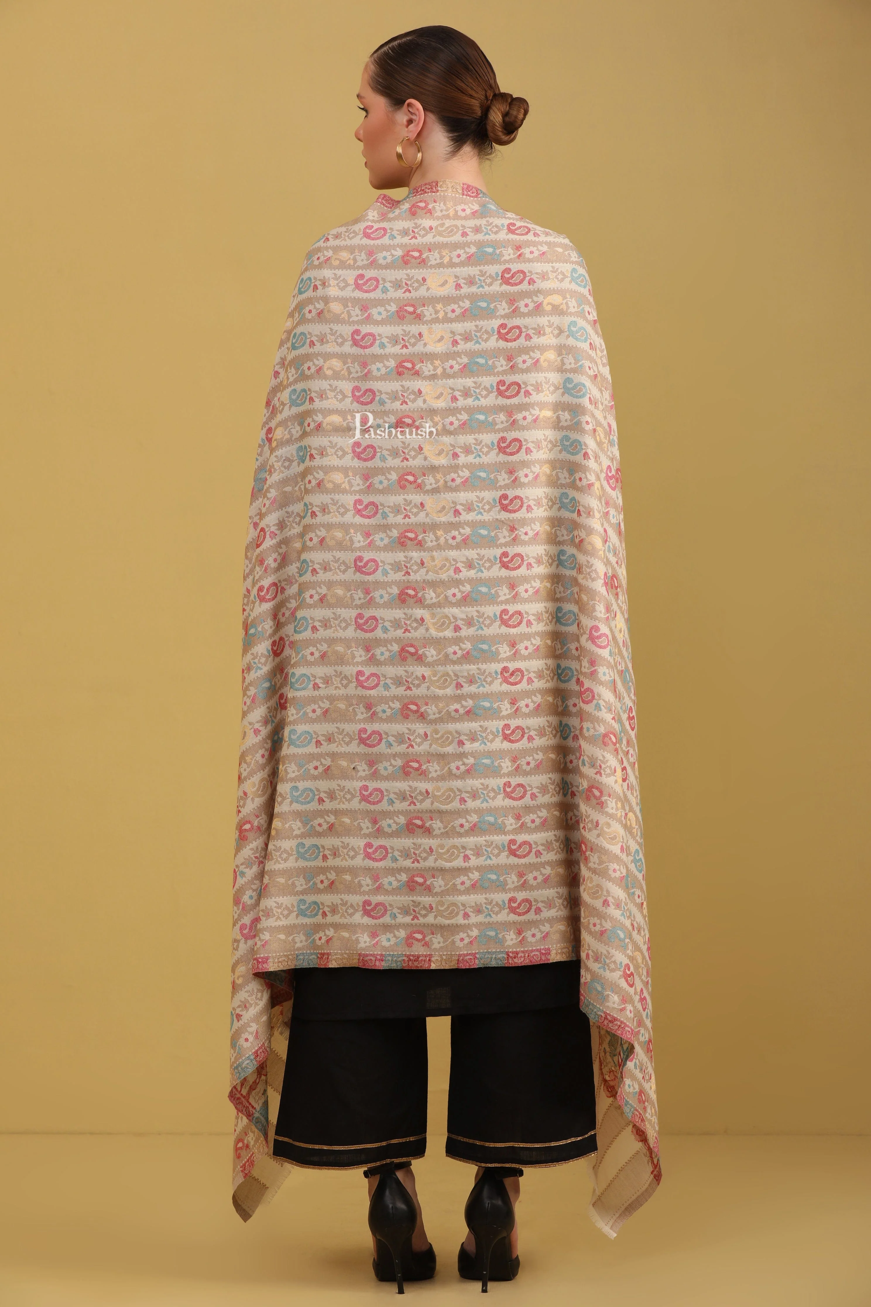 Pashtush Womens Faux Pashmina Shawl, Stripe Weave With Zari Design, Ivory - Image 6