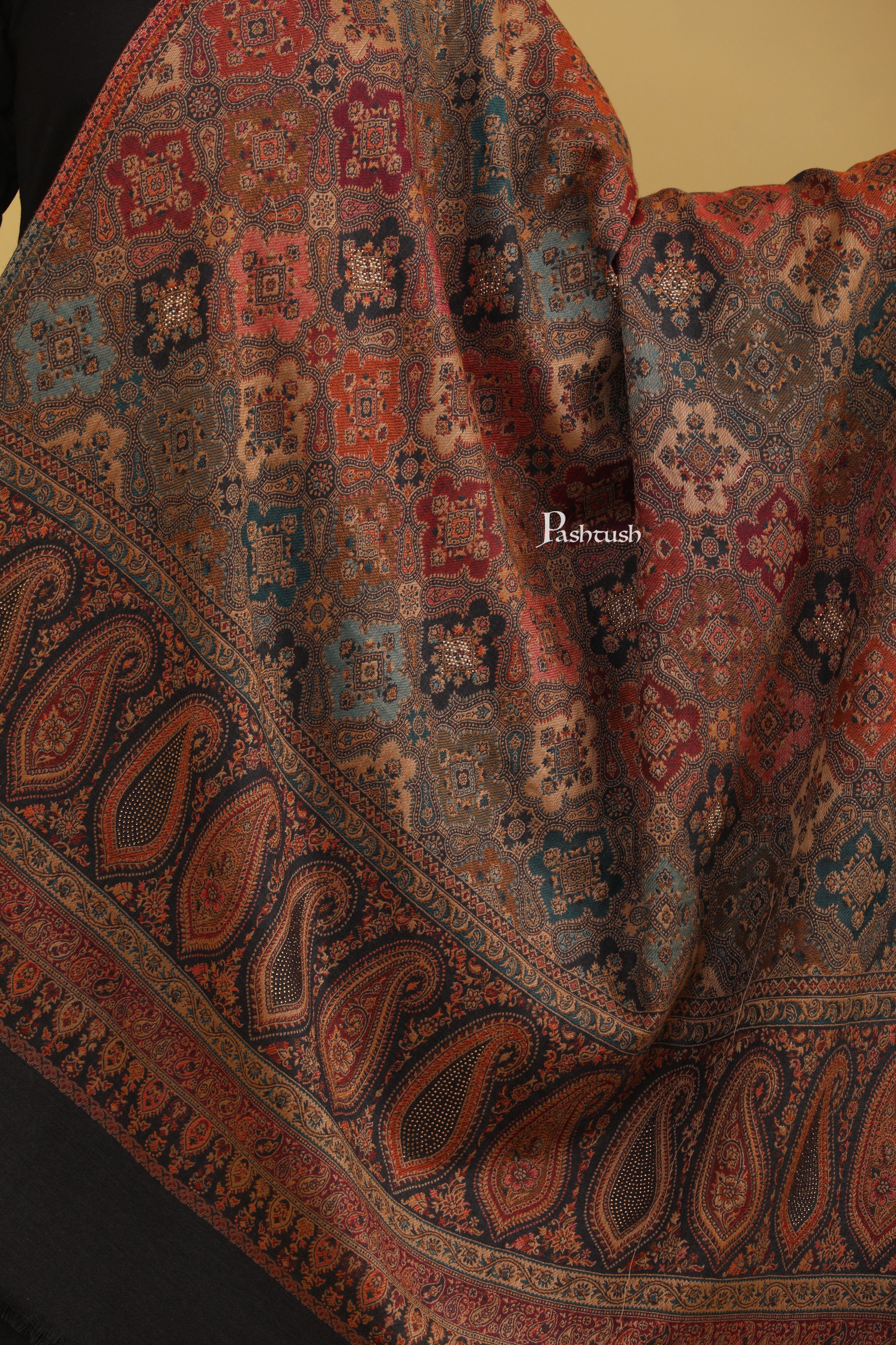 Pashtush Womens Faux Pashmina Shawl, With Crystal Work, Black - Image 2