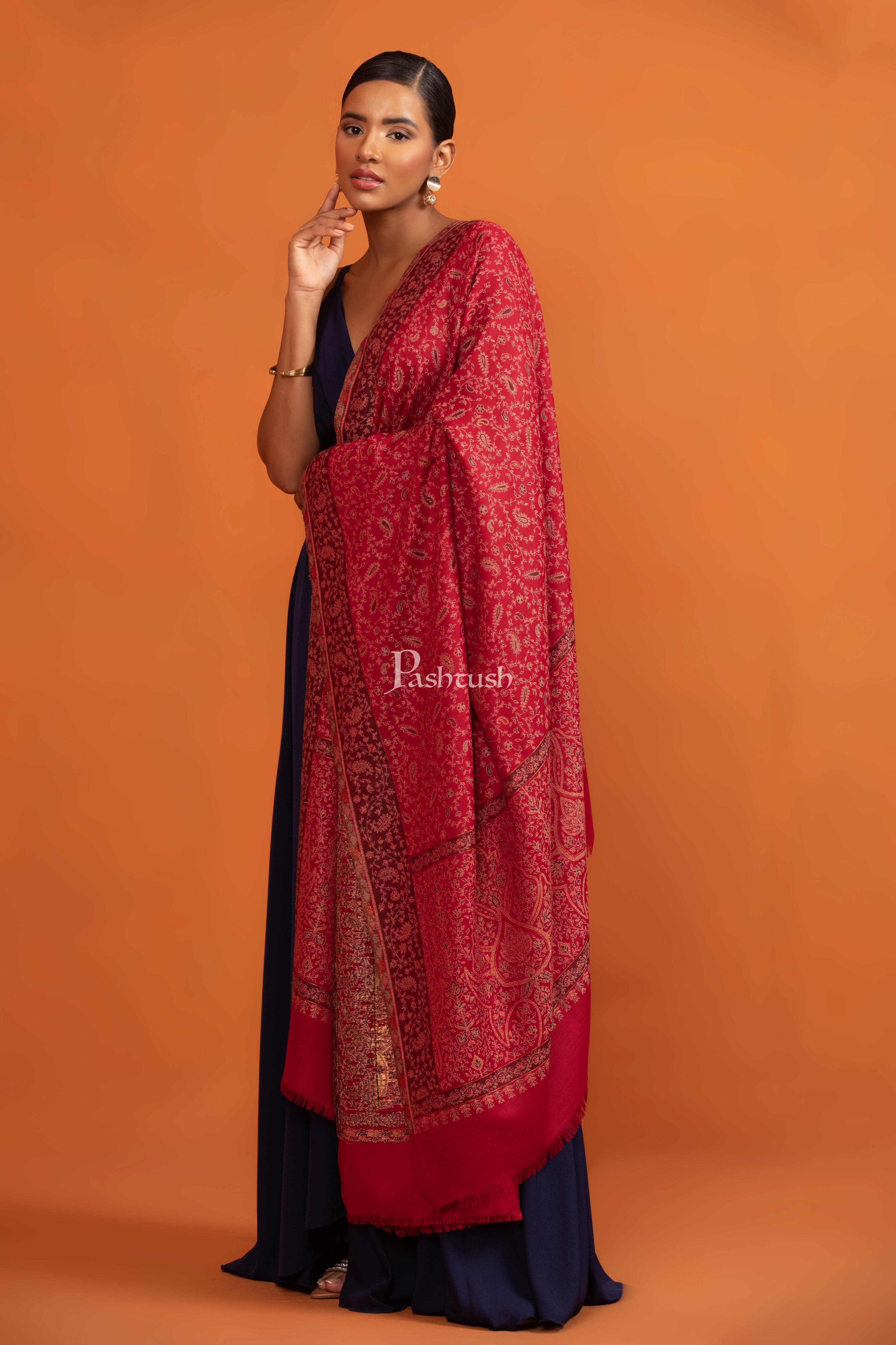 Pashtush Womens Faux Pashmina Shawl, With Zari Design, Maroon (Twilight)