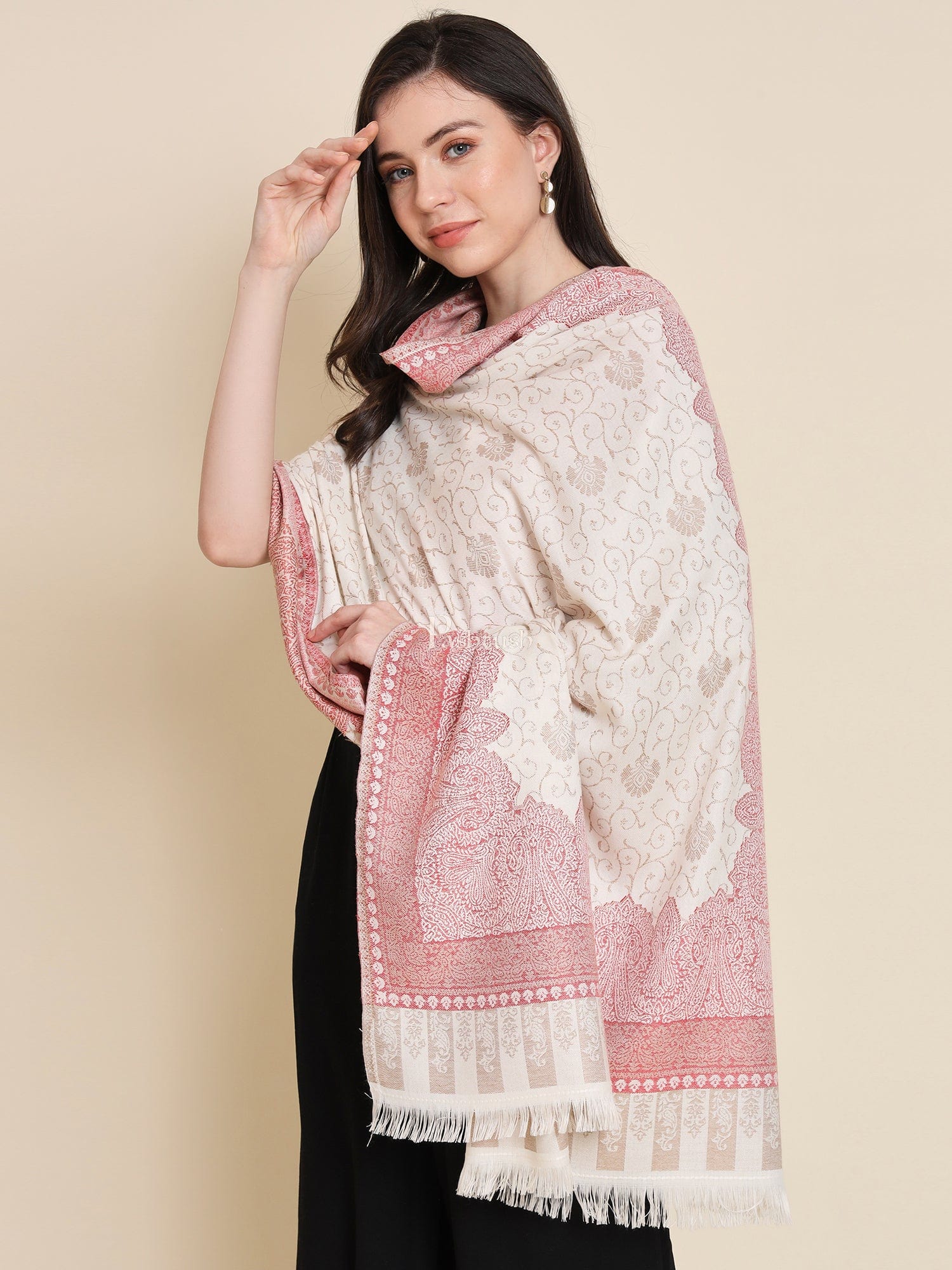 Pashtush Womens Faux Pashmina Shawl, Woven Floral Design, Beige