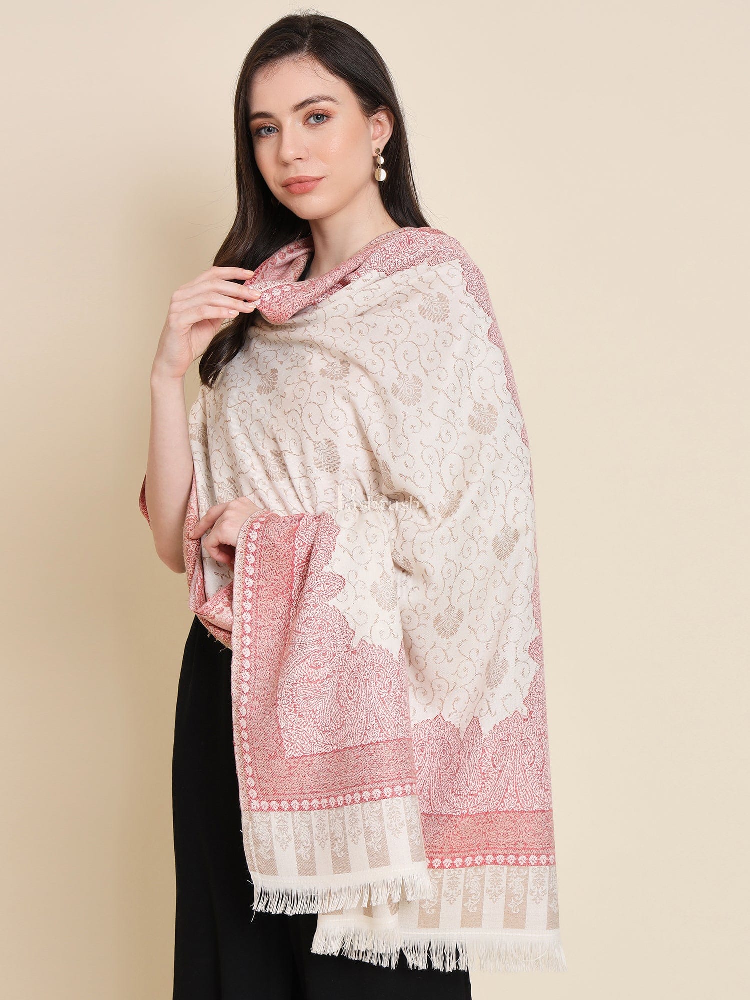 Pashtush Womens Faux Pashmina Shawl, Woven Floral Design, Beige - Image 6