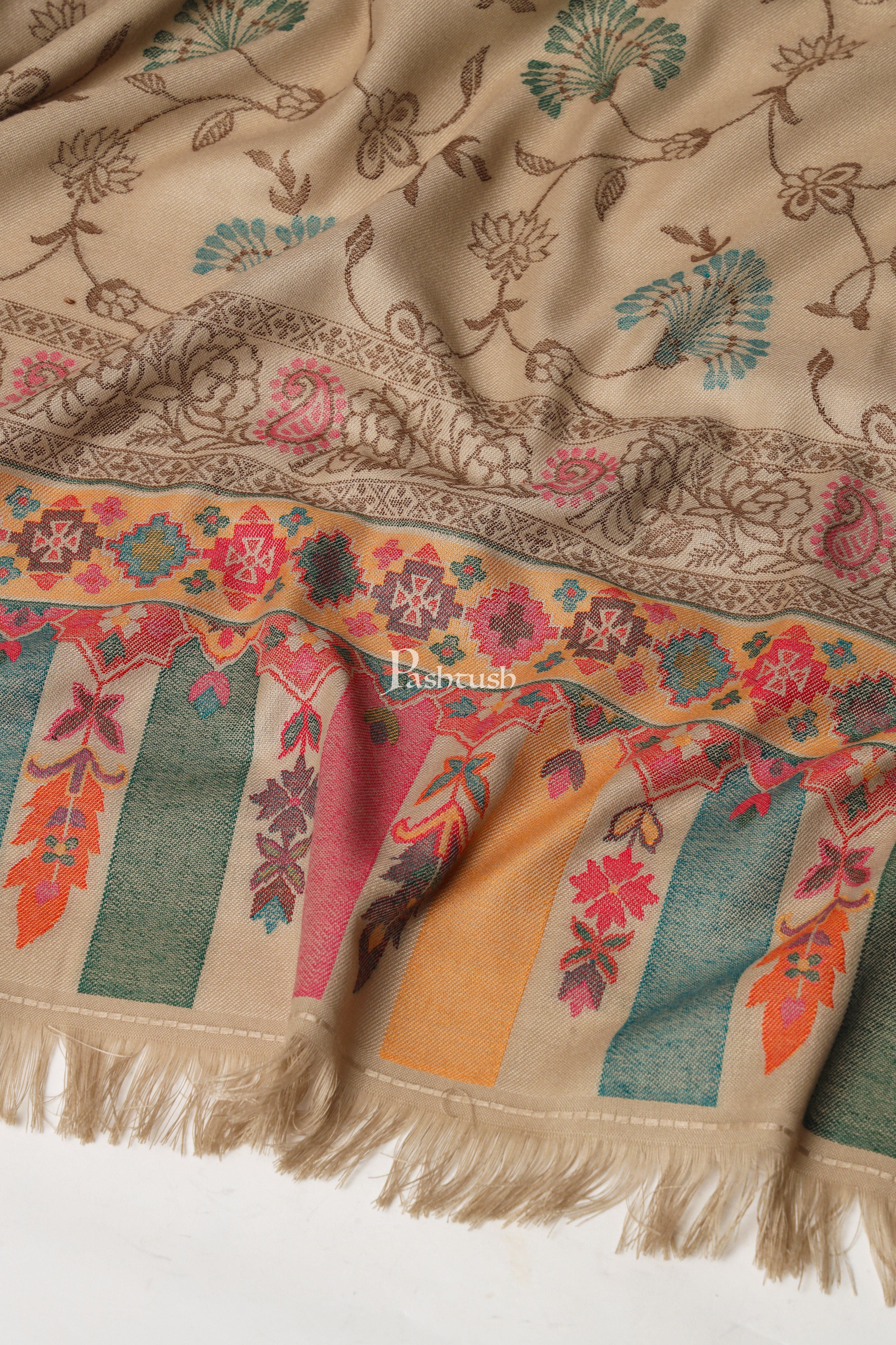 Pashtush Womens Faux Pashmina Shawl, Woven Floral Design, Beige - Image 2