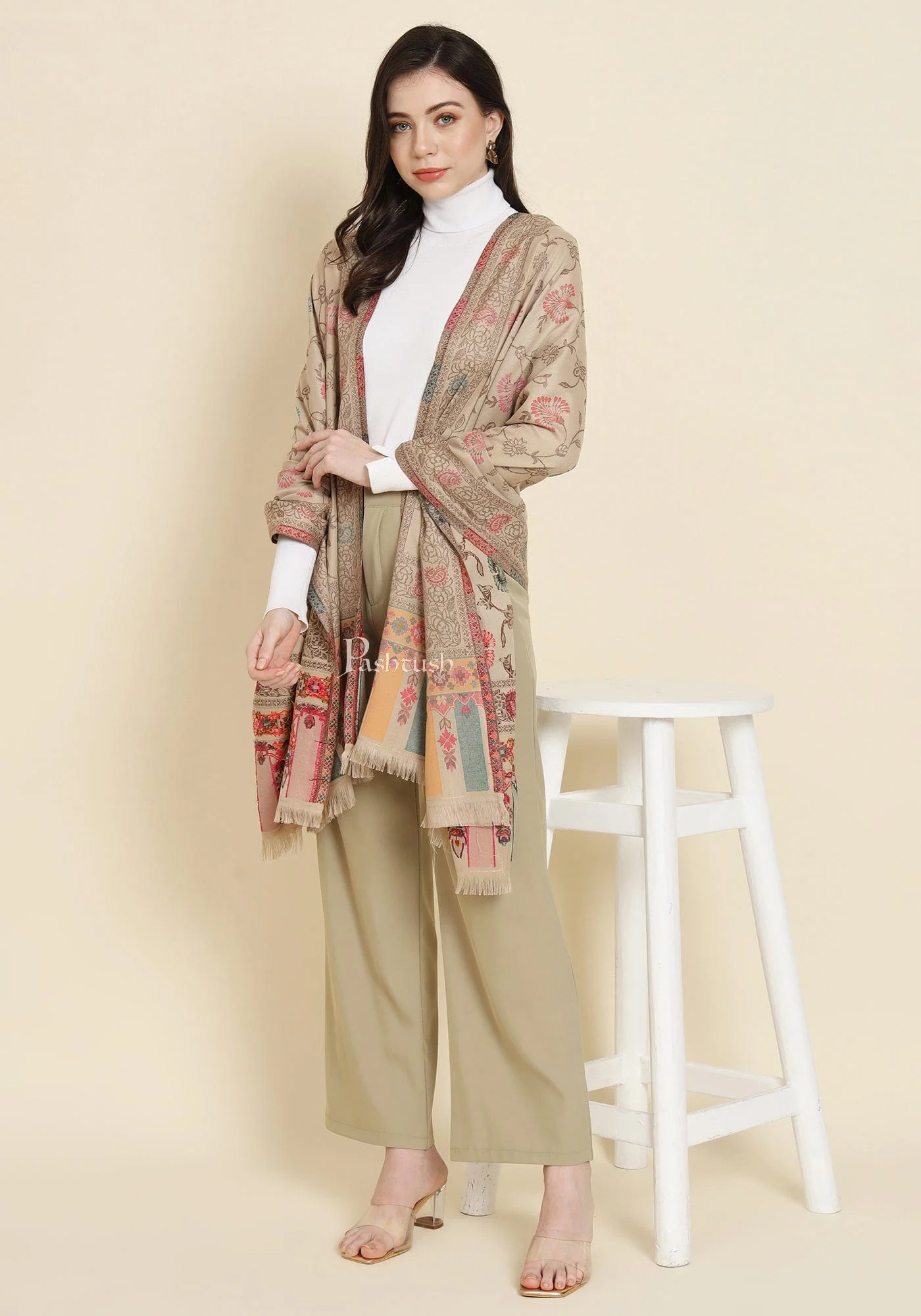 Pashtush Womens Faux Pashmina Shawl, Woven Floral Design, Beige - Image 6