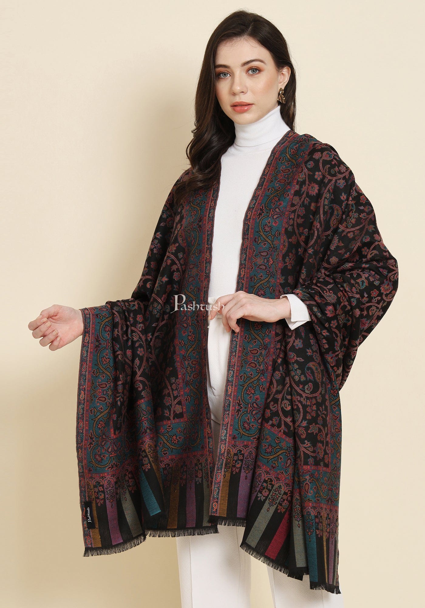 Pashtush Womens Faux Pashmina Shawl, Woven Floral Design, Black - Image 3