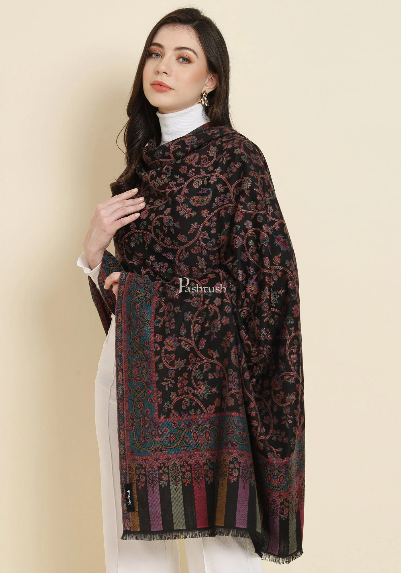 Pashtush Womens Faux Pashmina Shawl, Woven Floral Design, Black - Image 6