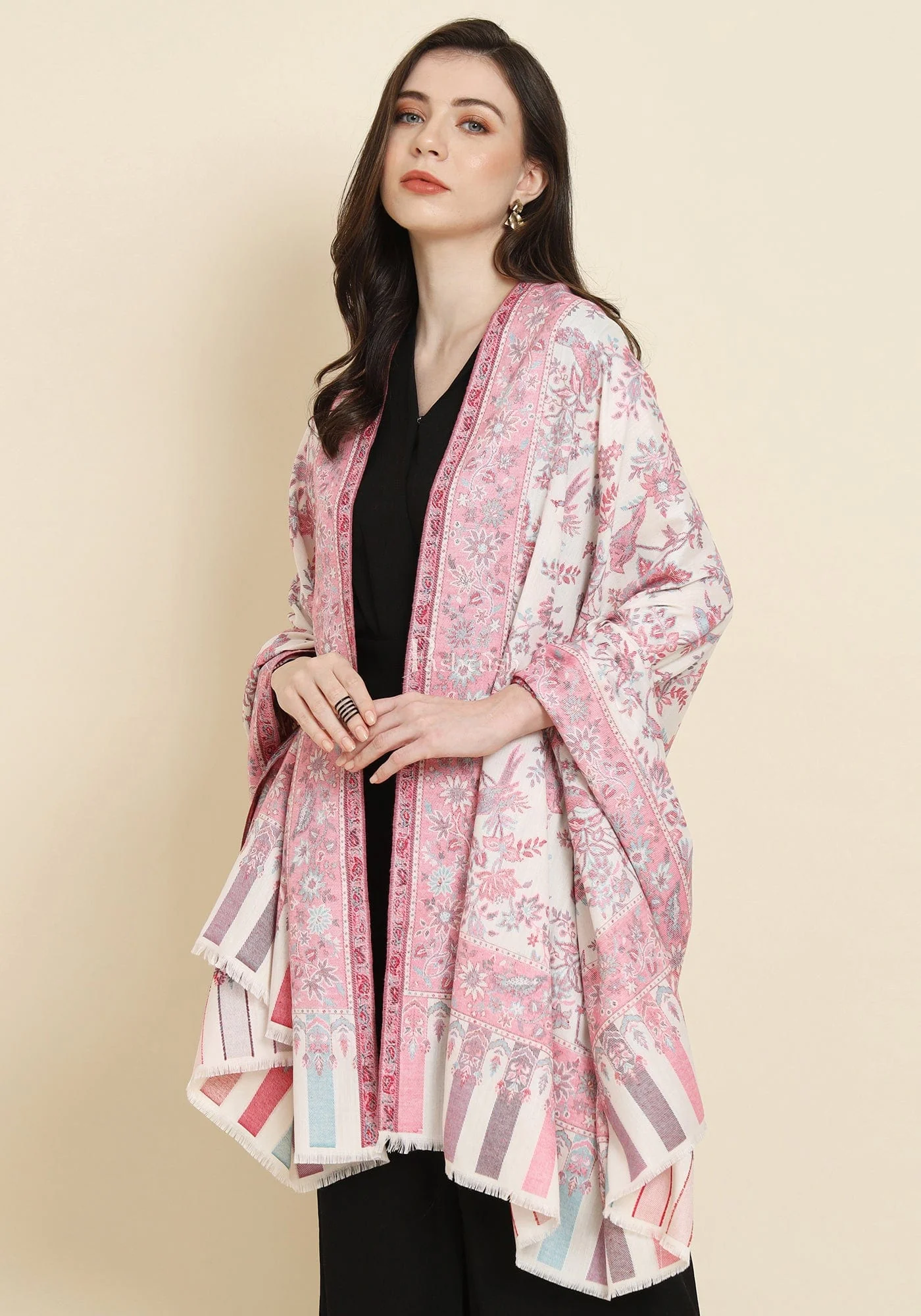 Pashtush Womens Faux Pashmina Shawl, Woven Floral Design, Ivory - Image 4