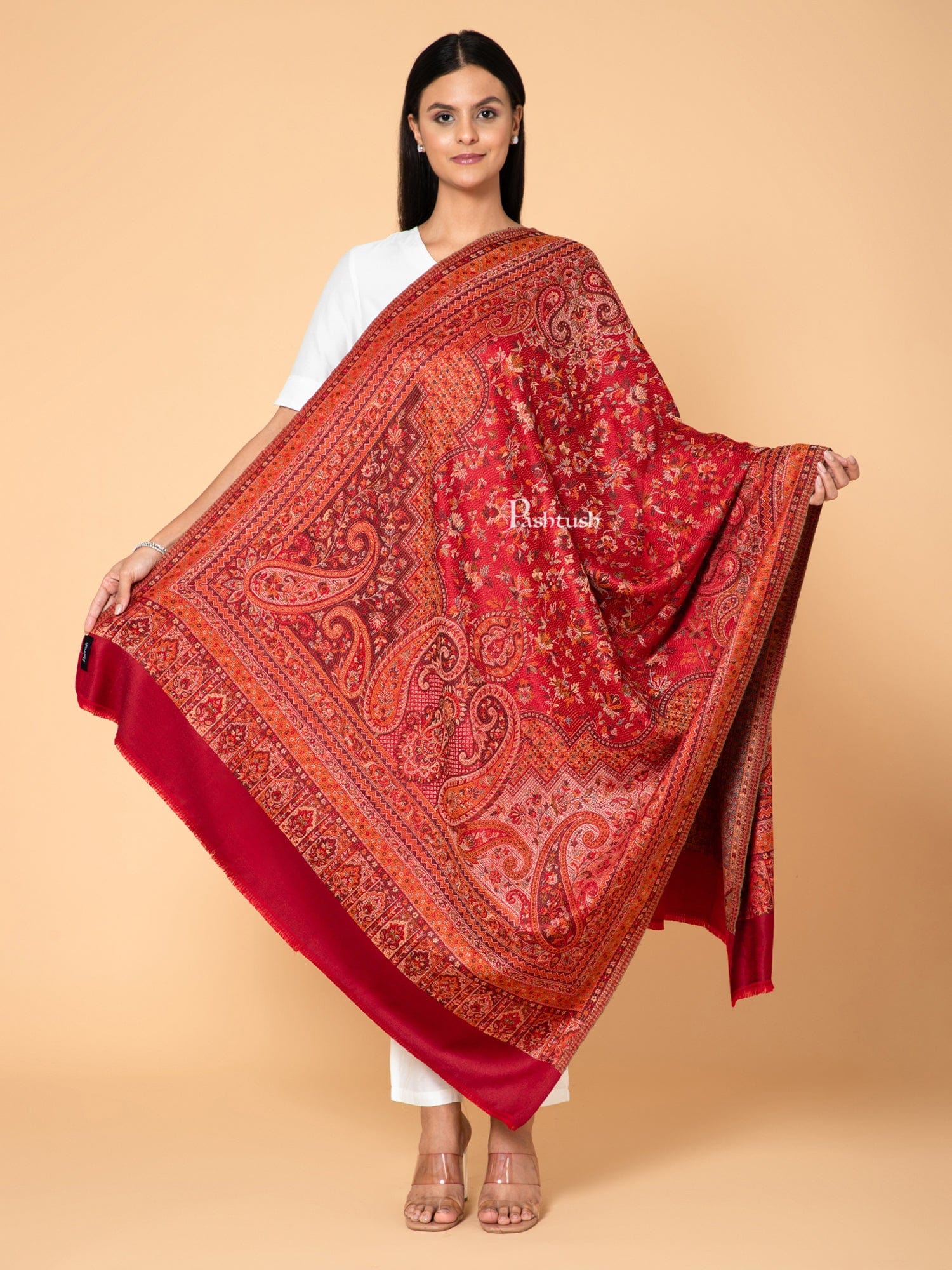 Pashtush Womens Faux Pashmina Shawl, Woven Jamawar Design, Maroon - Image 3