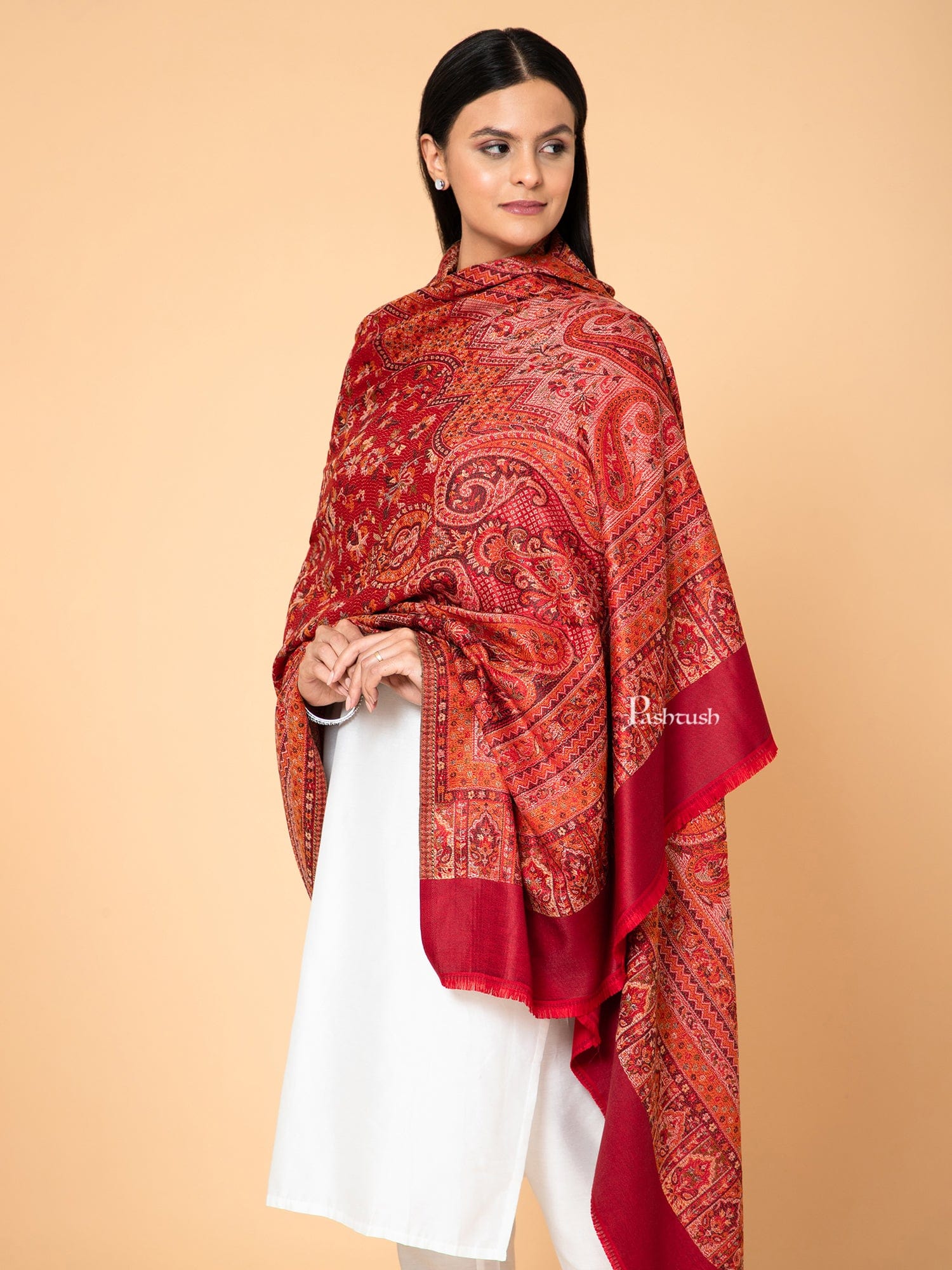 Pashtush Womens Faux Pashmina Shawl, Woven Jamawar Design, Maroon - Image 4