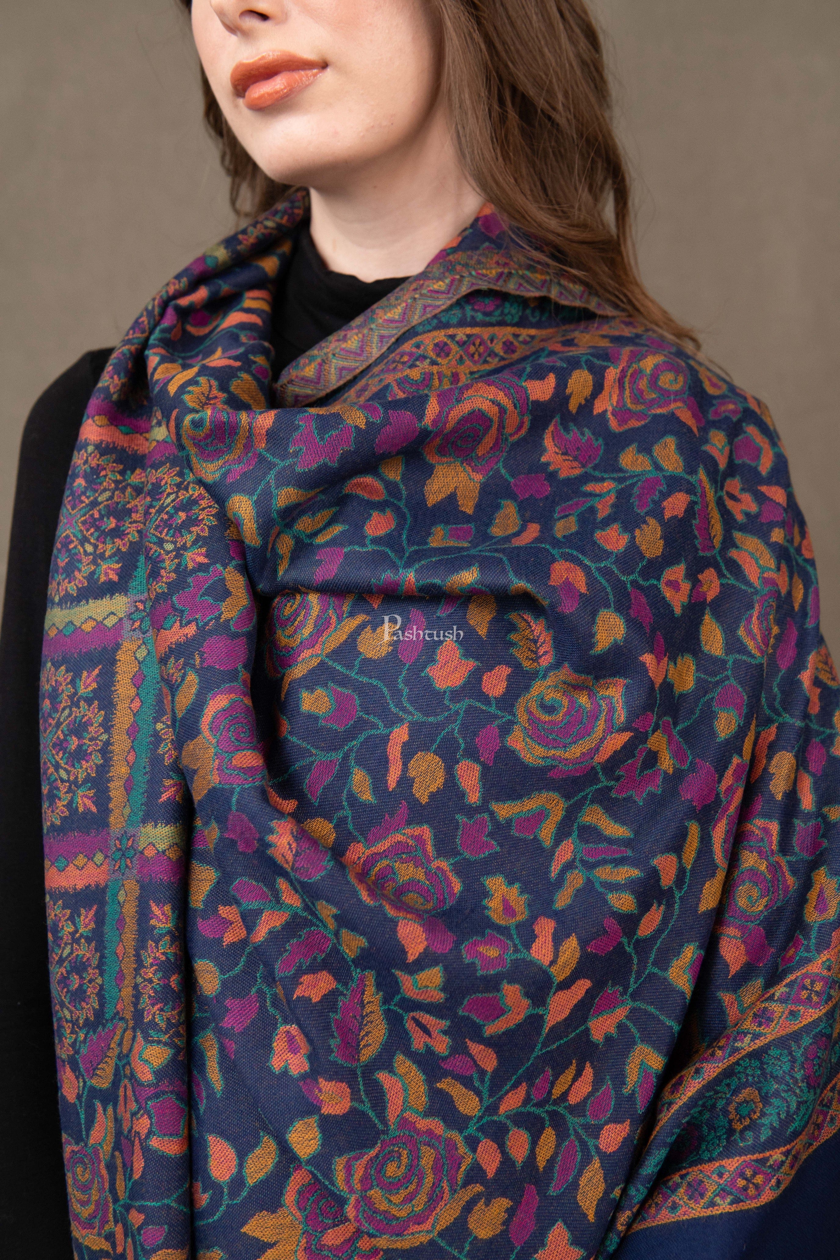 Pashtush Womens Faux Pashmina Shawl, Woven Jamawar, Floral Design, Blue