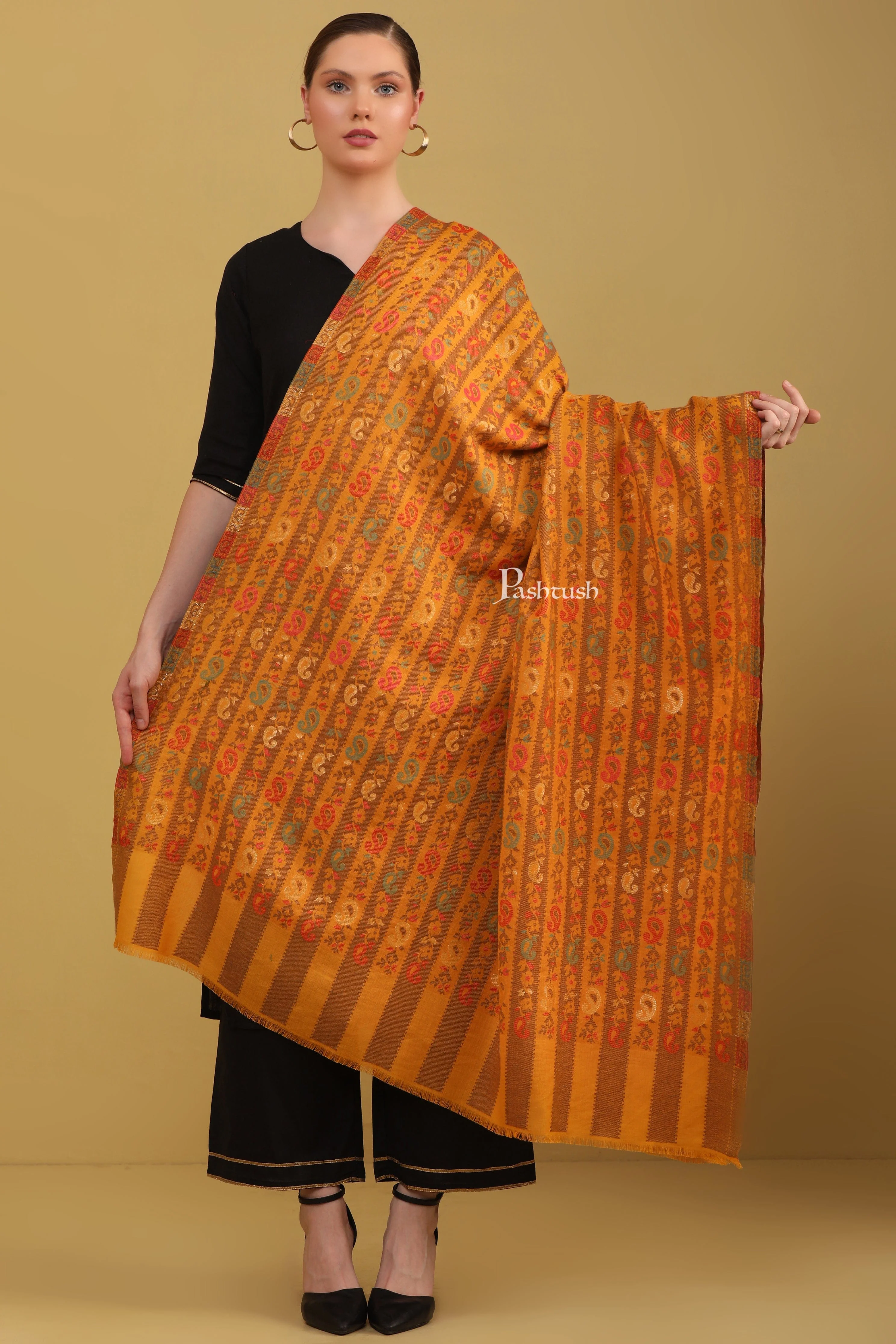 Pashtush Womens Faux Pashmina Shawl, Woven Striped Weave With Metallic Threads, Mustard - Image 3