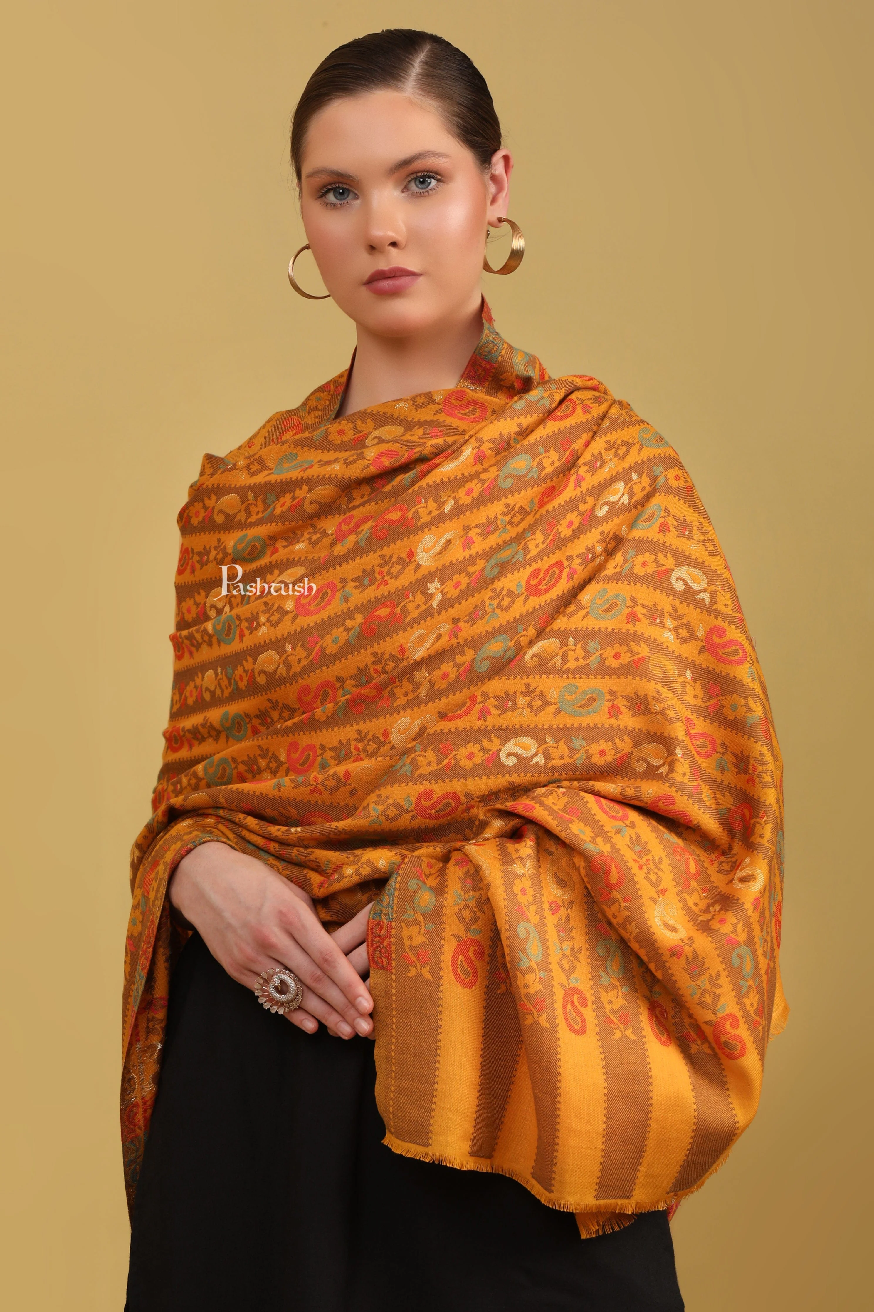 Pashtush Womens Faux Pashmina Shawl, Woven Striped Weave With Metallic Threads, Mustard - Image 4