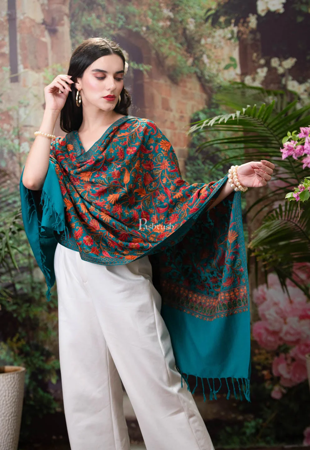 Pashtush womens Faux Pashmina stole, Aari embroidery design, Arabic Sea green - Image 5