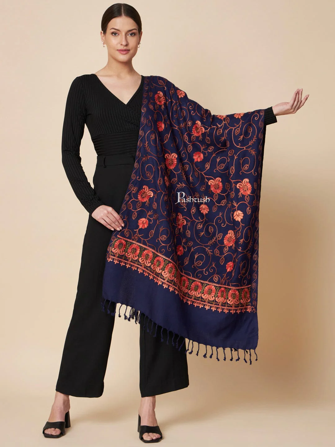 Pashtush Womens Faux Pashmina Stole, Aari Embroidery Design, Blue - Image 2