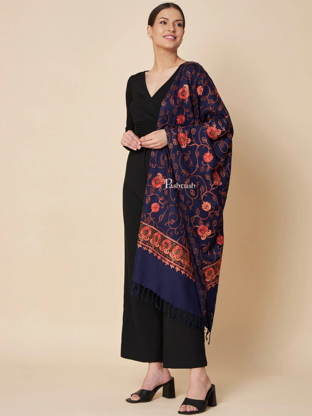 Pashtush Womens Faux Pashmina Stole, Aari Embroidery Design, Blue - Image 3