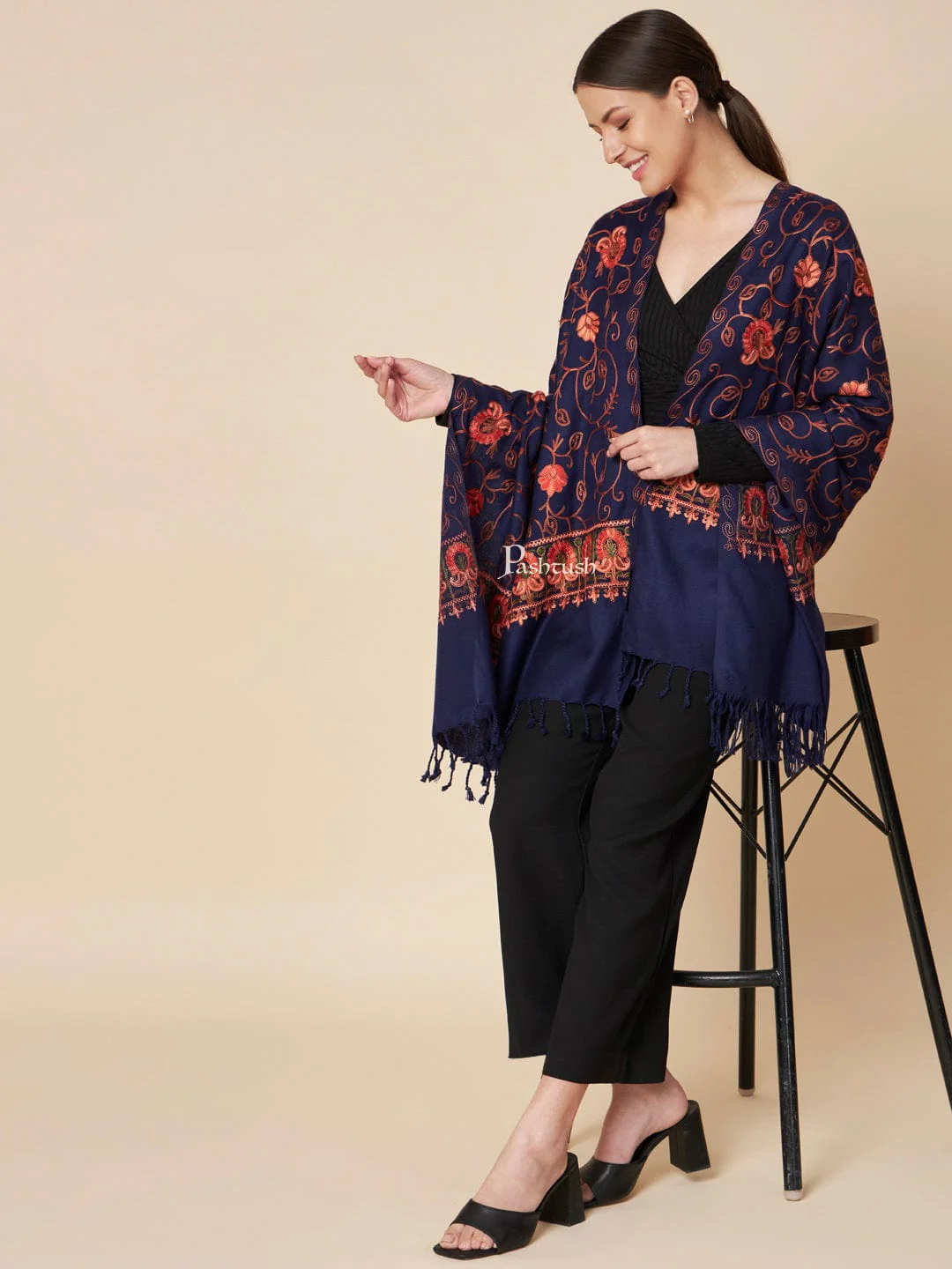 Pashtush Womens Faux Pashmina Stole, Aari Embroidery Design, Blue - Image 4