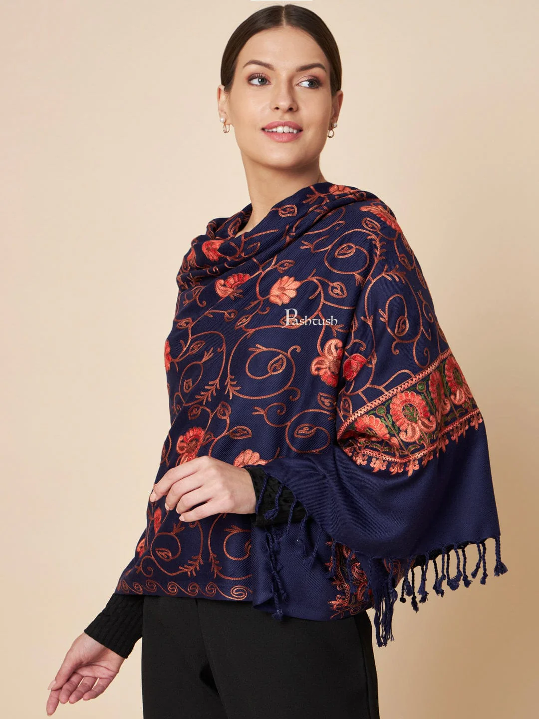 Pashtush Womens Faux Pashmina Stole, Aari Embroidery Design, Blue - Image 5