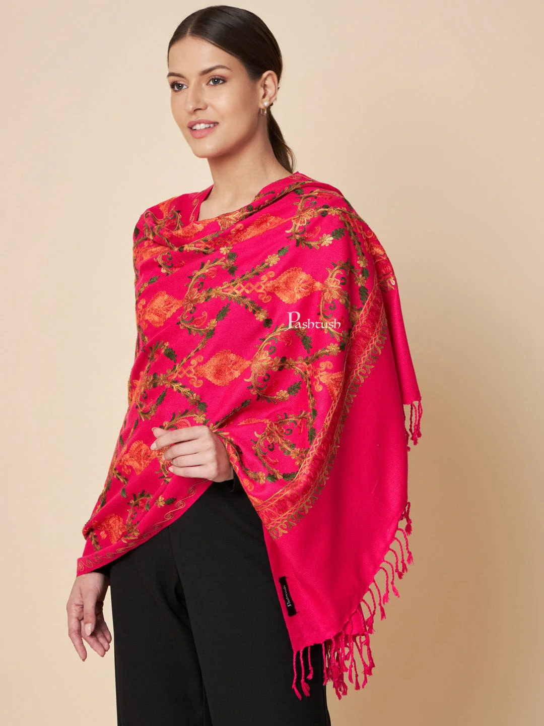 Pashtush Womens Faux Pashmina Stole, Aari Embroidery Design, Dark Pink - Image 5