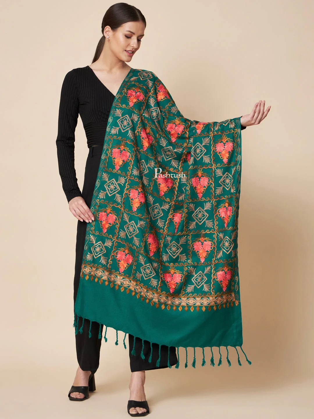 Pashtush Womens Faux Pashmina Stole, Aari Embroidery Design, Green