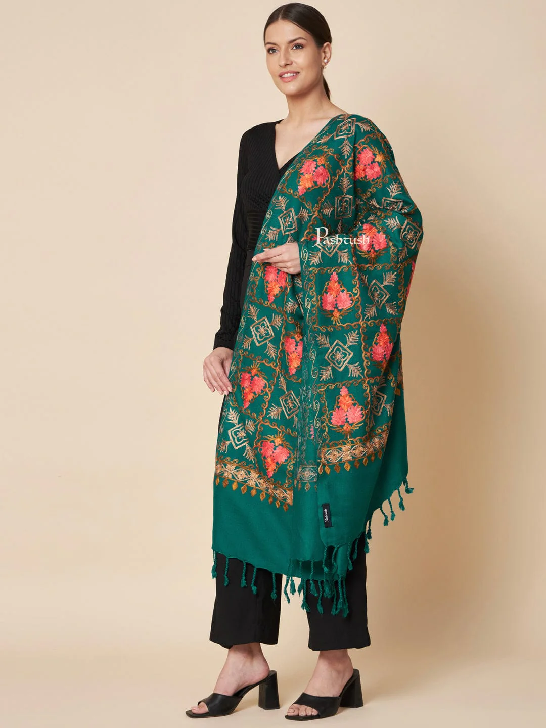 Pashtush Womens Faux Pashmina Stole, Aari Embroidery Design, Green - Image 2
