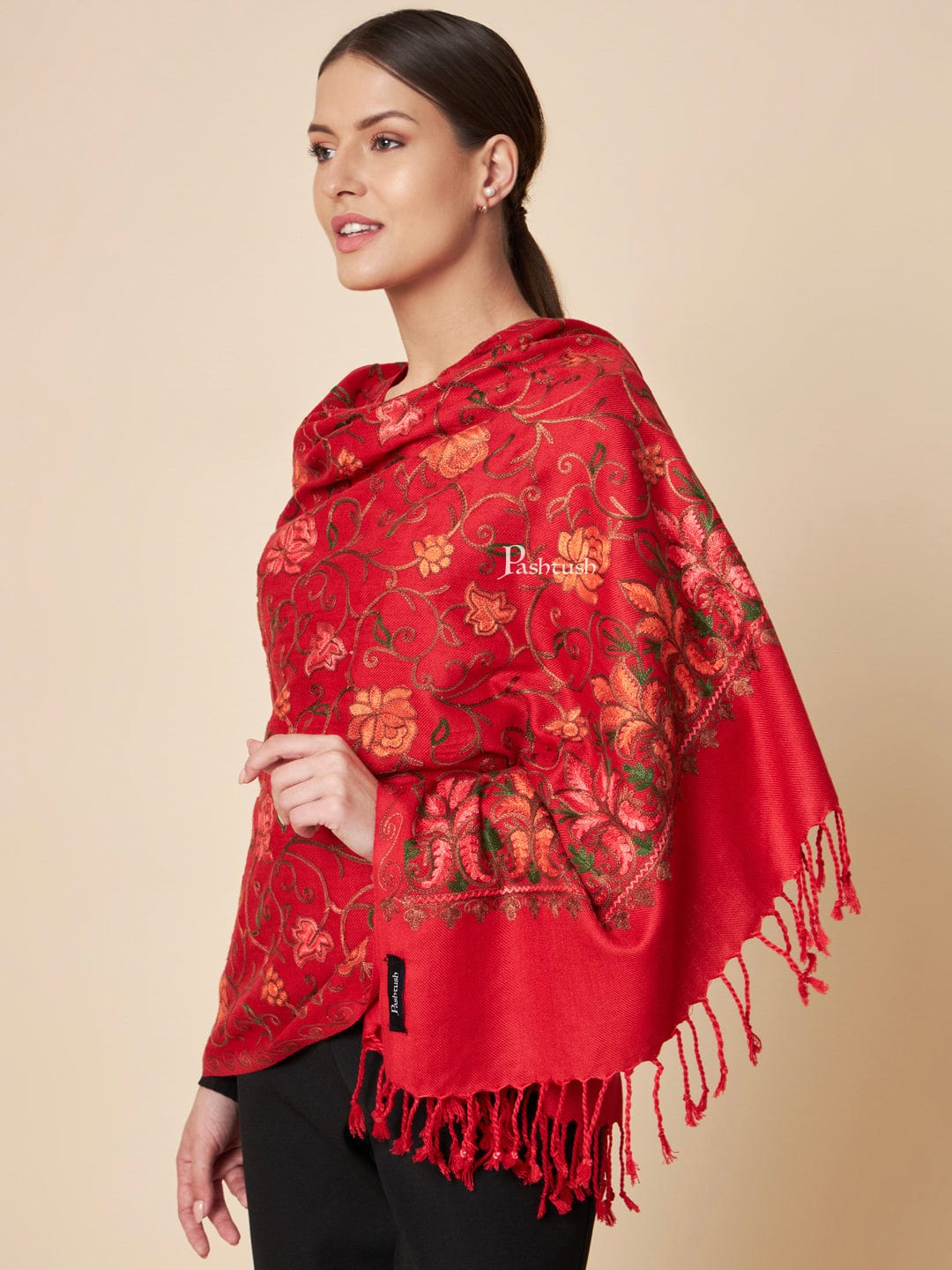 Pashtush Womens Faux Pashmina Stole, Aari Embroidery Design, Maroon