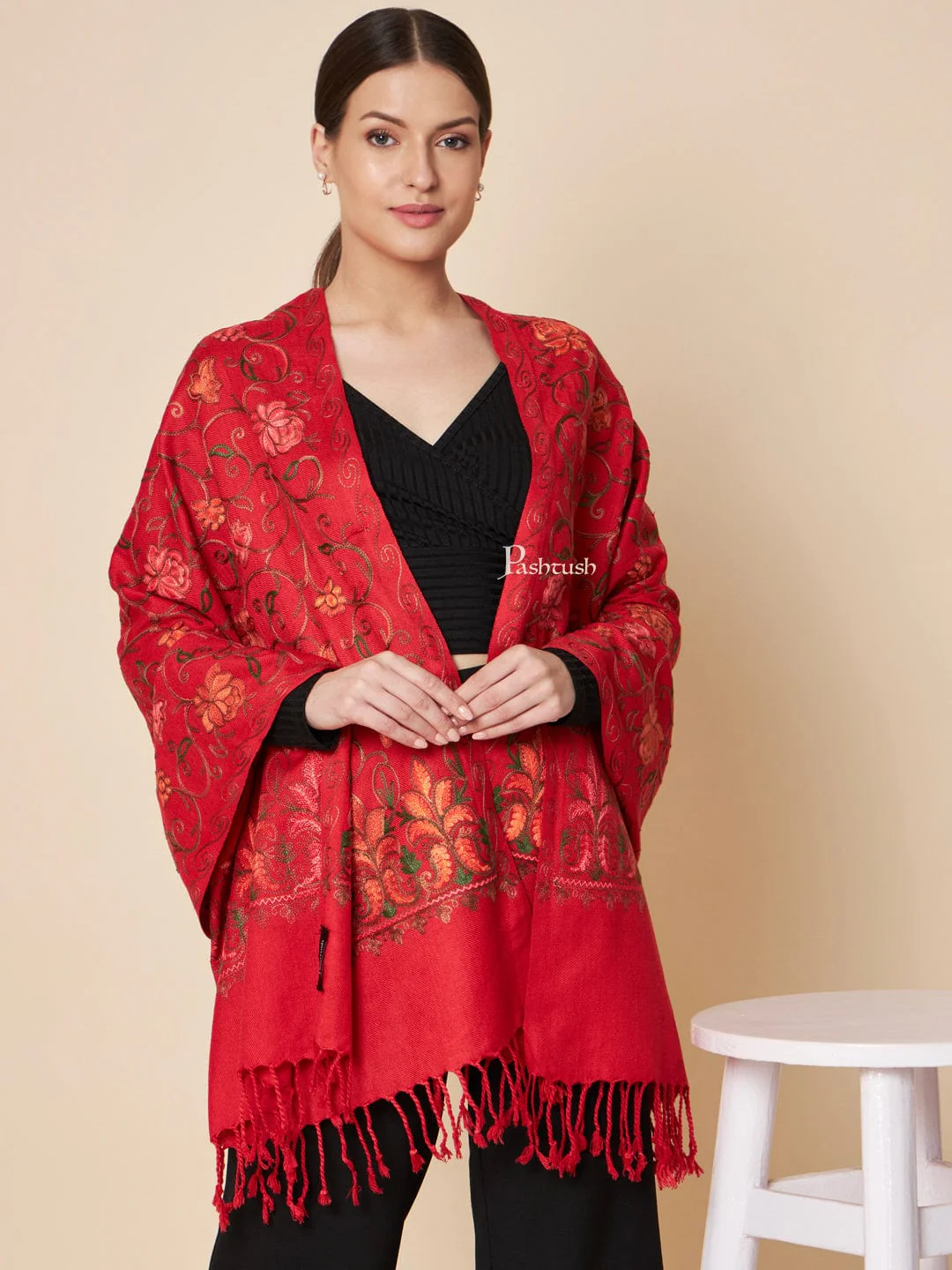 Pashtush Womens Faux Pashmina Stole, Aari Embroidery Design, Maroon - Image 4