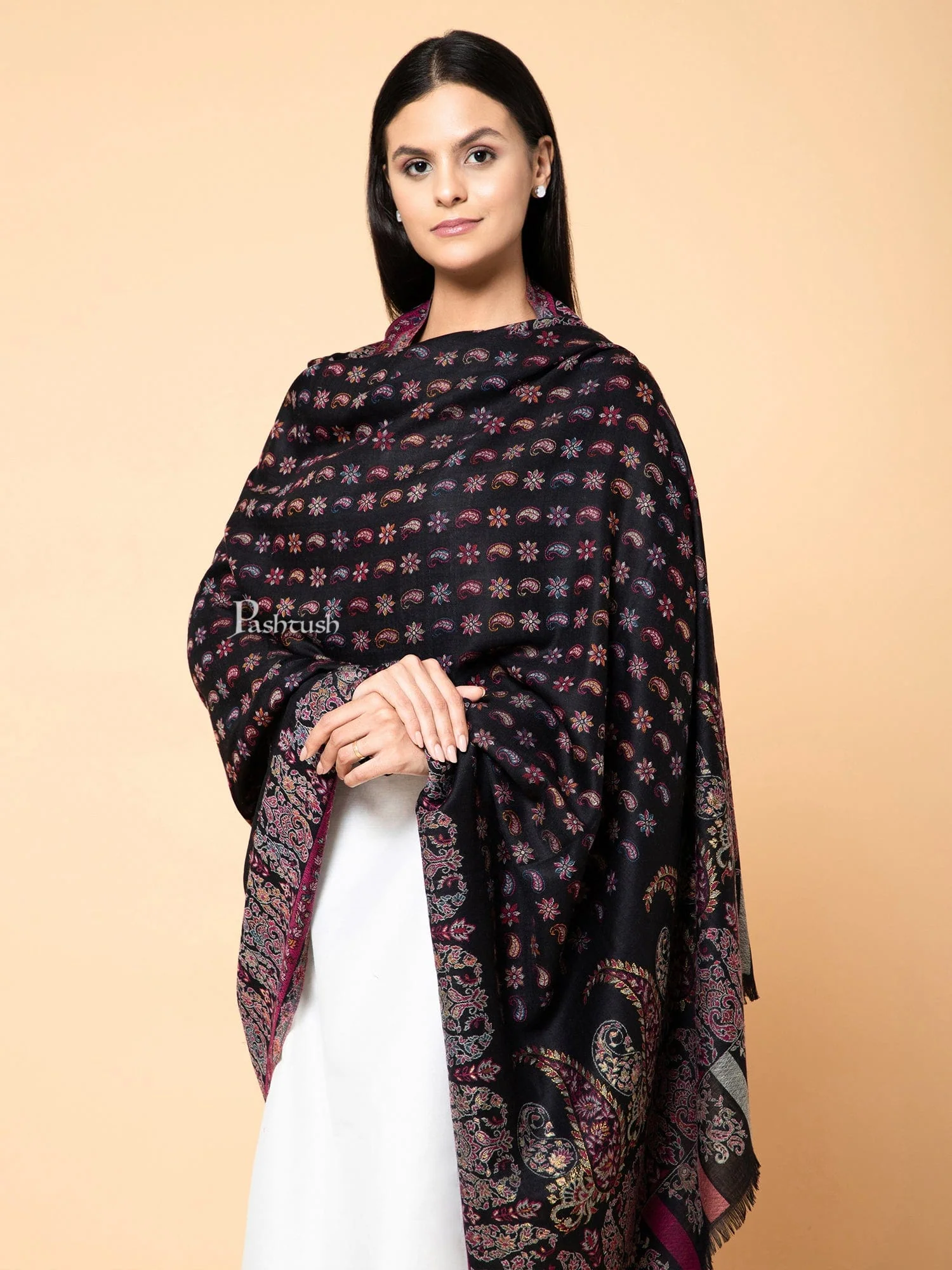 Pashtush Womens Faux Pashmina Stole, Ambi Palla Design, Black - Image 4