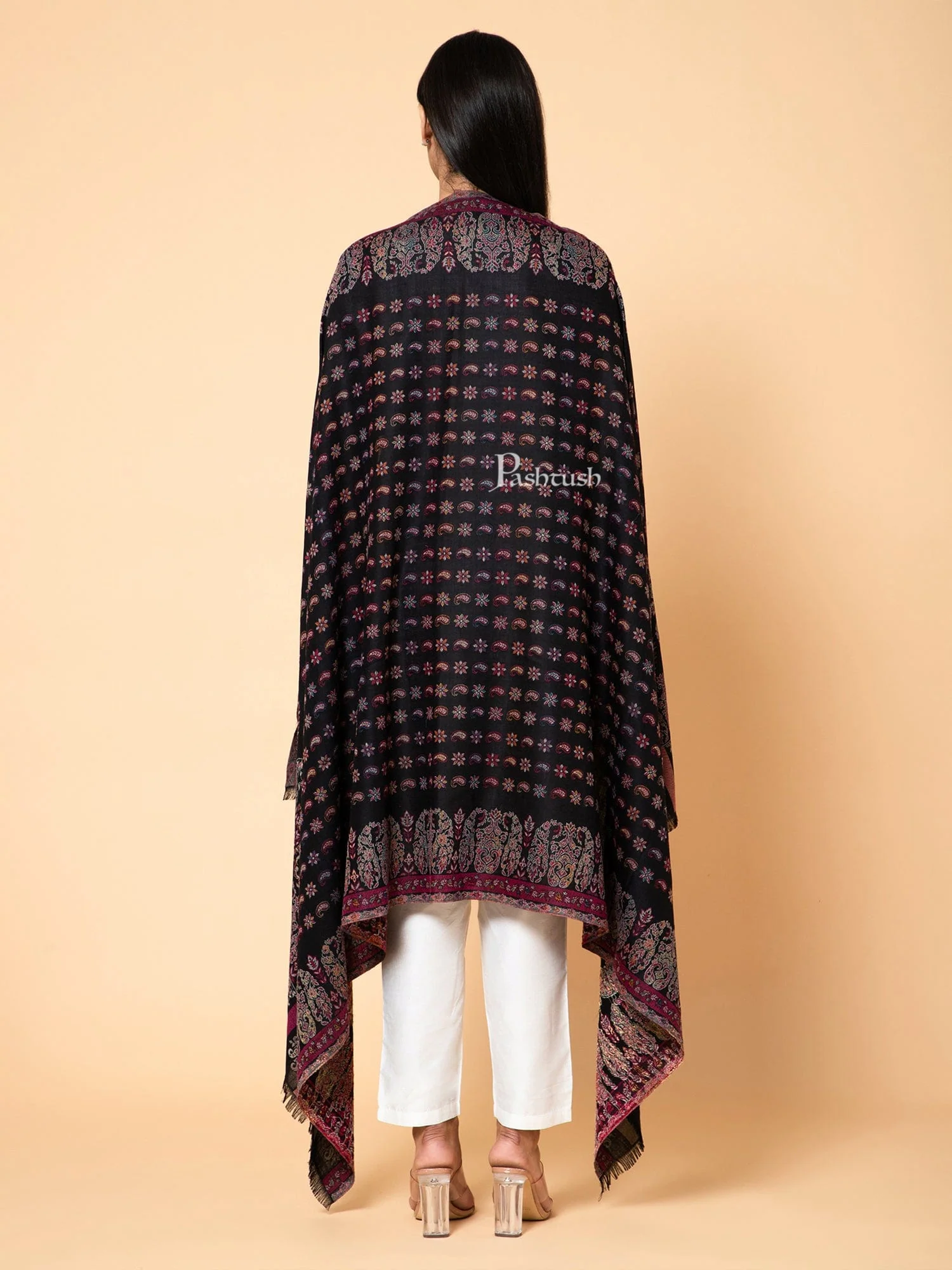 Pashtush Womens Faux Pashmina Stole, Ambi Palla Design, Black - Image 5