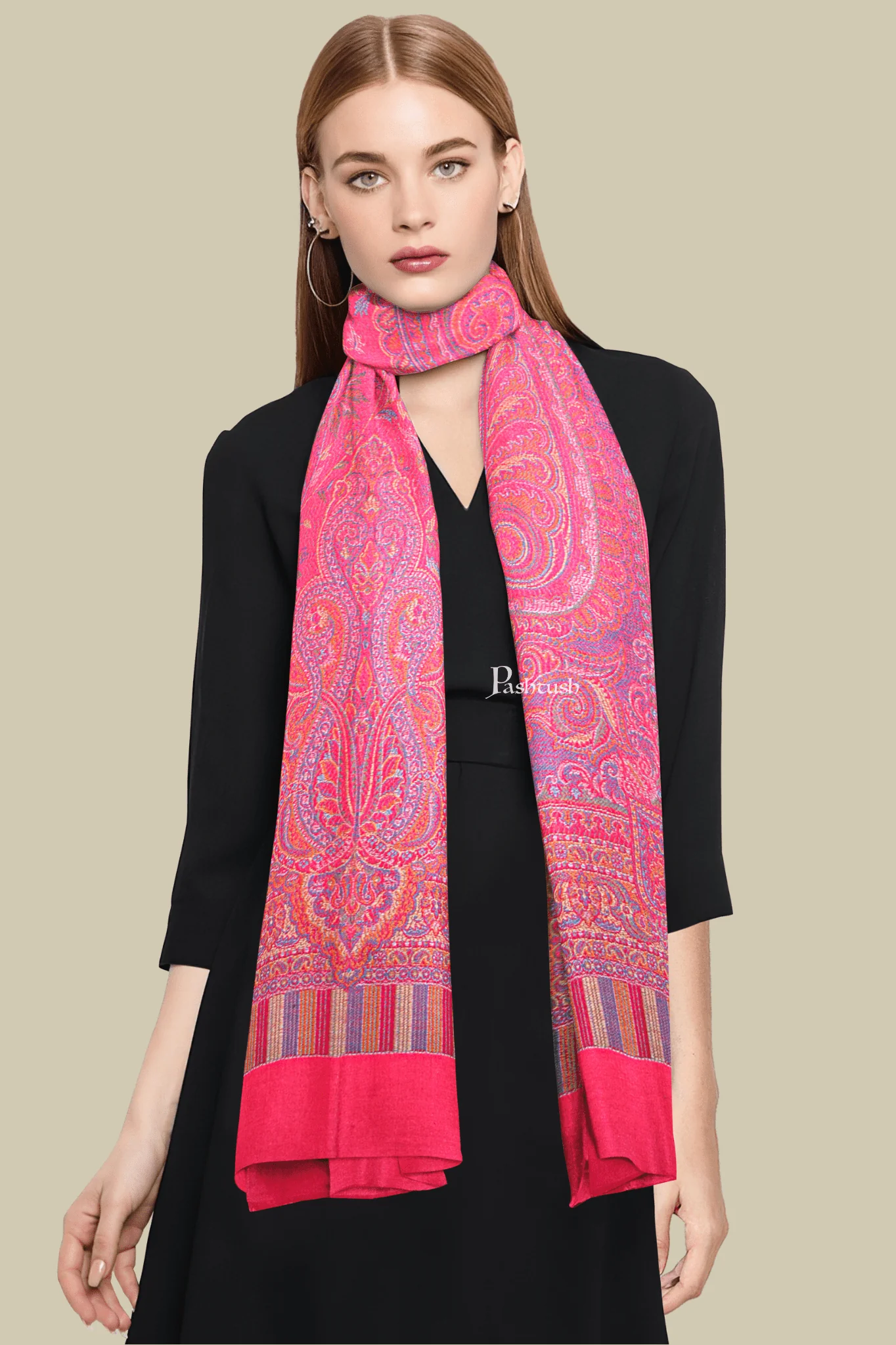 Pashtush Womens Faux Pashmina Stole, Design, Dark Pink