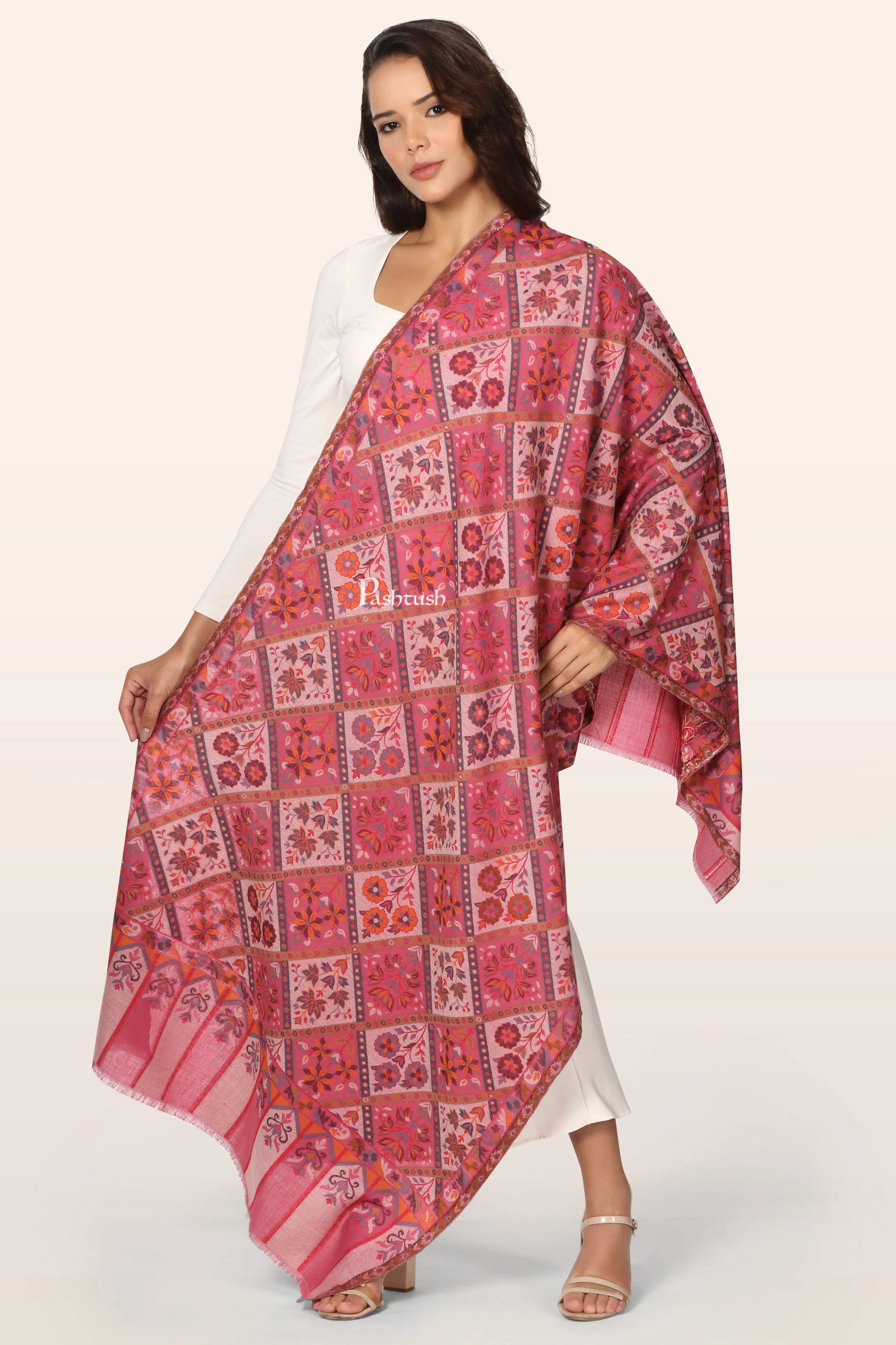Pashtush Womens Faux Pashmina Stole, Diamond Weave Design, Pink - Image 2