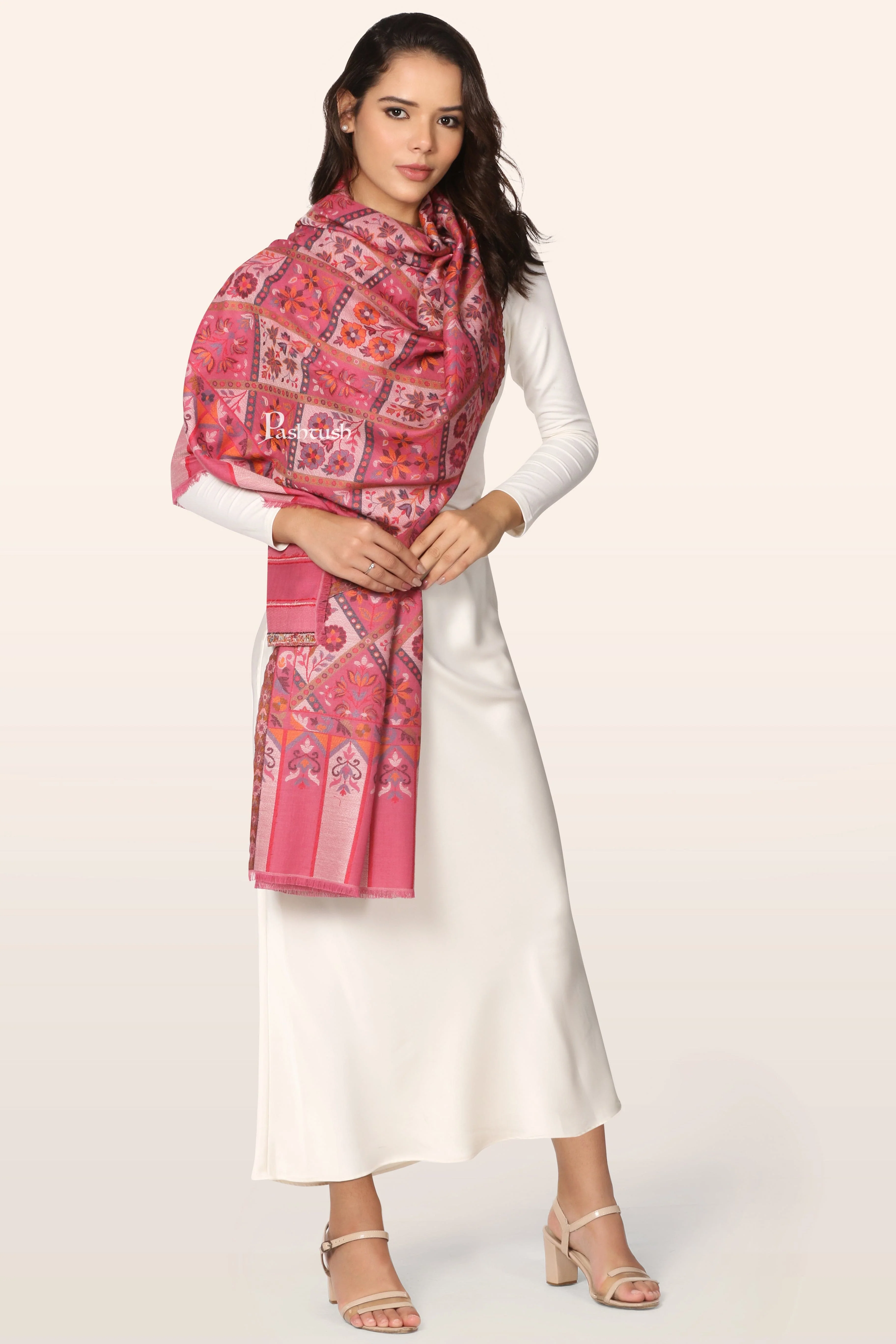 Pashtush Womens Faux Pashmina Stole, Diamond Weave Design, Pink - Image 3