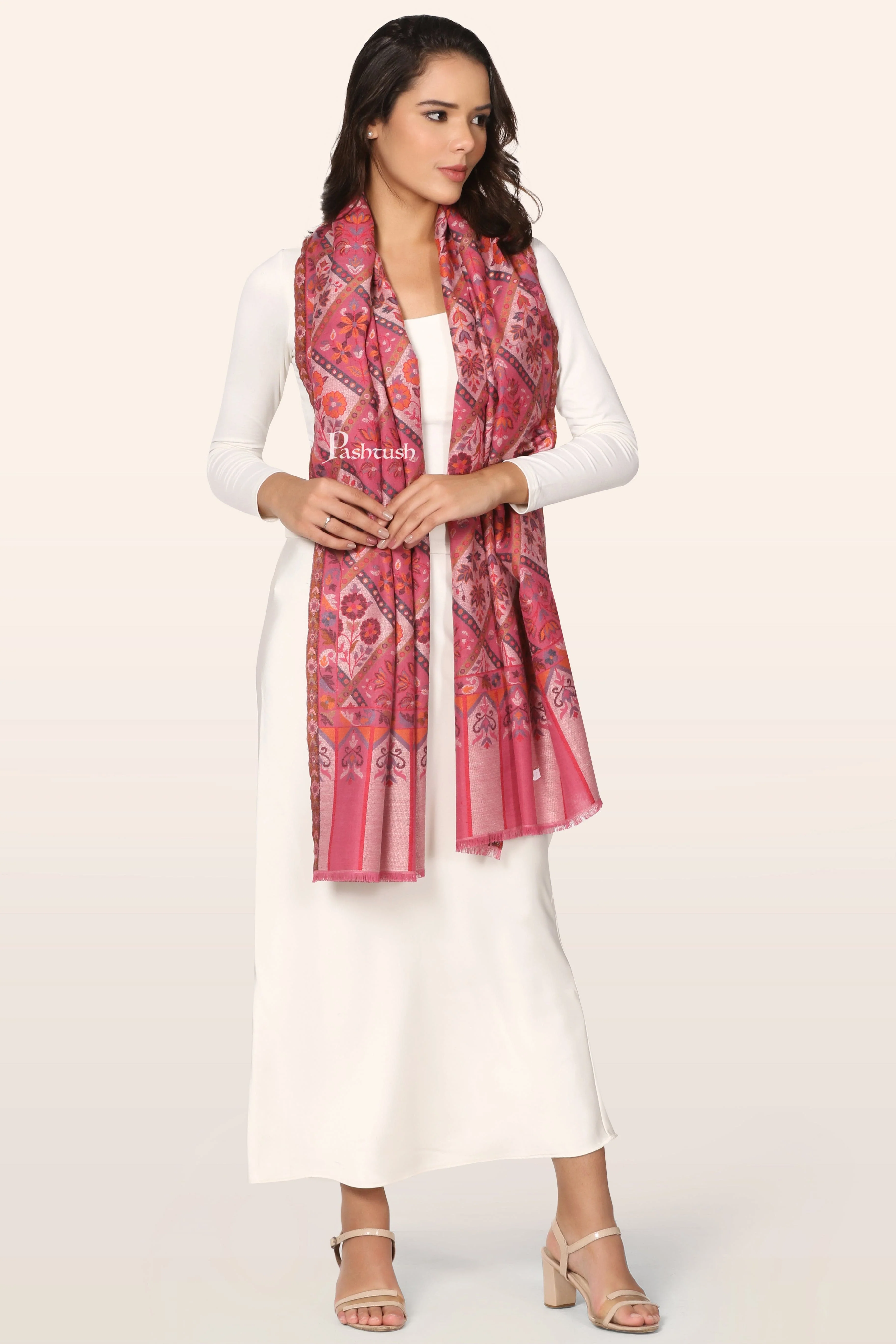Pashtush Womens Faux Pashmina Stole, Diamond Weave Design, Pink - Image 4