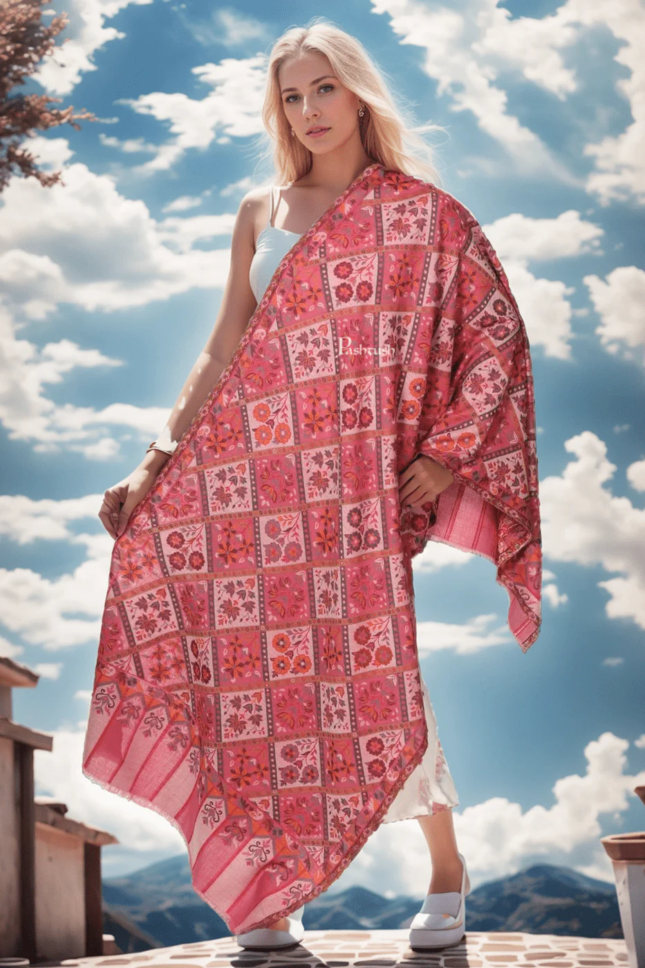 Pashtush Womens Faux Pashmina Stole, Diamond Weave Design, Pink - Image 5
