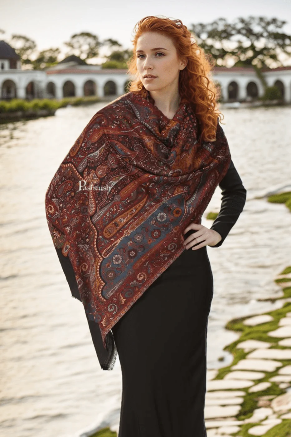 Pashtush Womens Faux Pashmina Stole, Ethnic Weave Design, Black