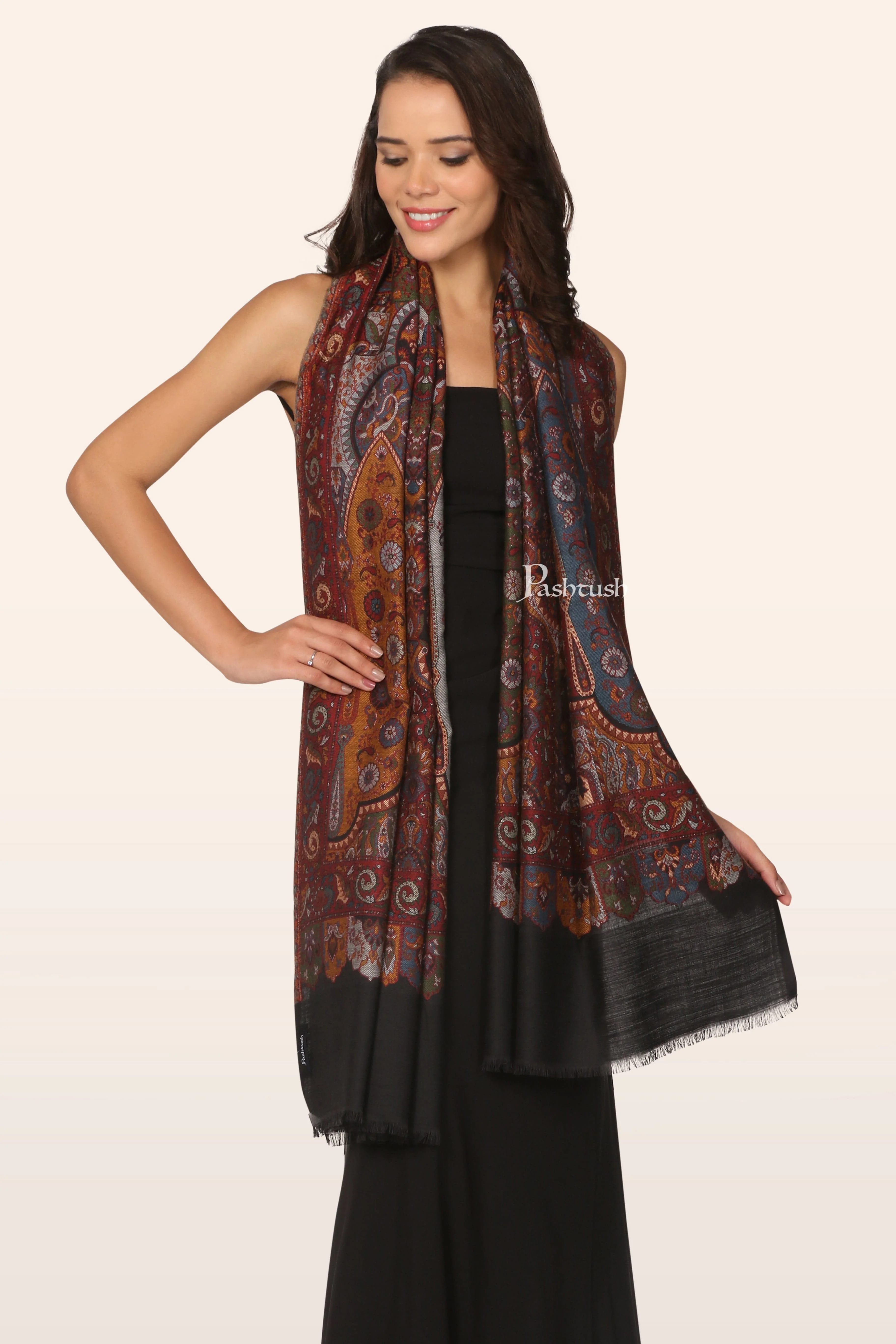 Pashtush Womens Faux Pashmina Stole, Ethnic Weave Design, Black - Image 3