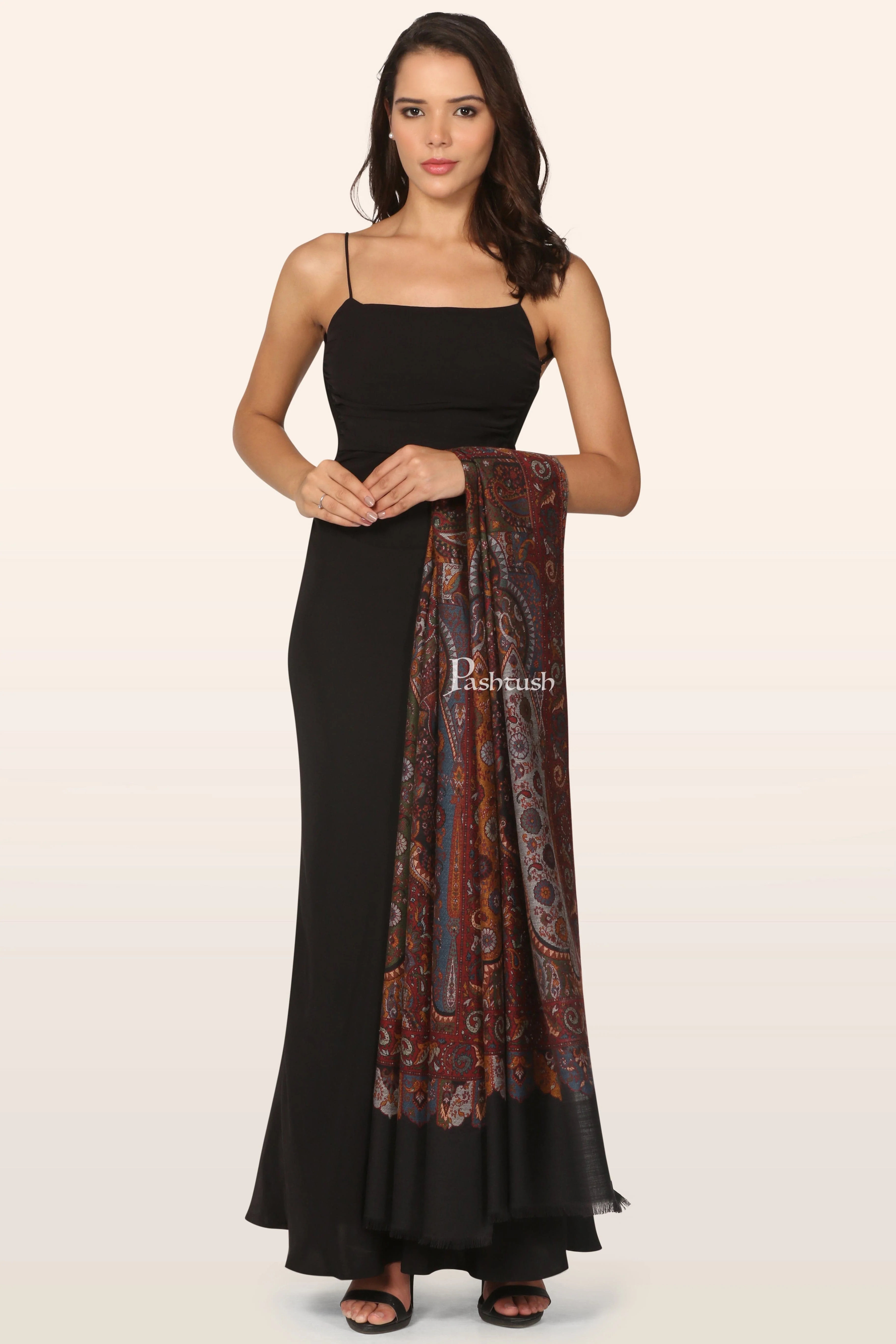 Pashtush Womens Faux Pashmina Stole, Ethnic Weave Design, Black - Image 6