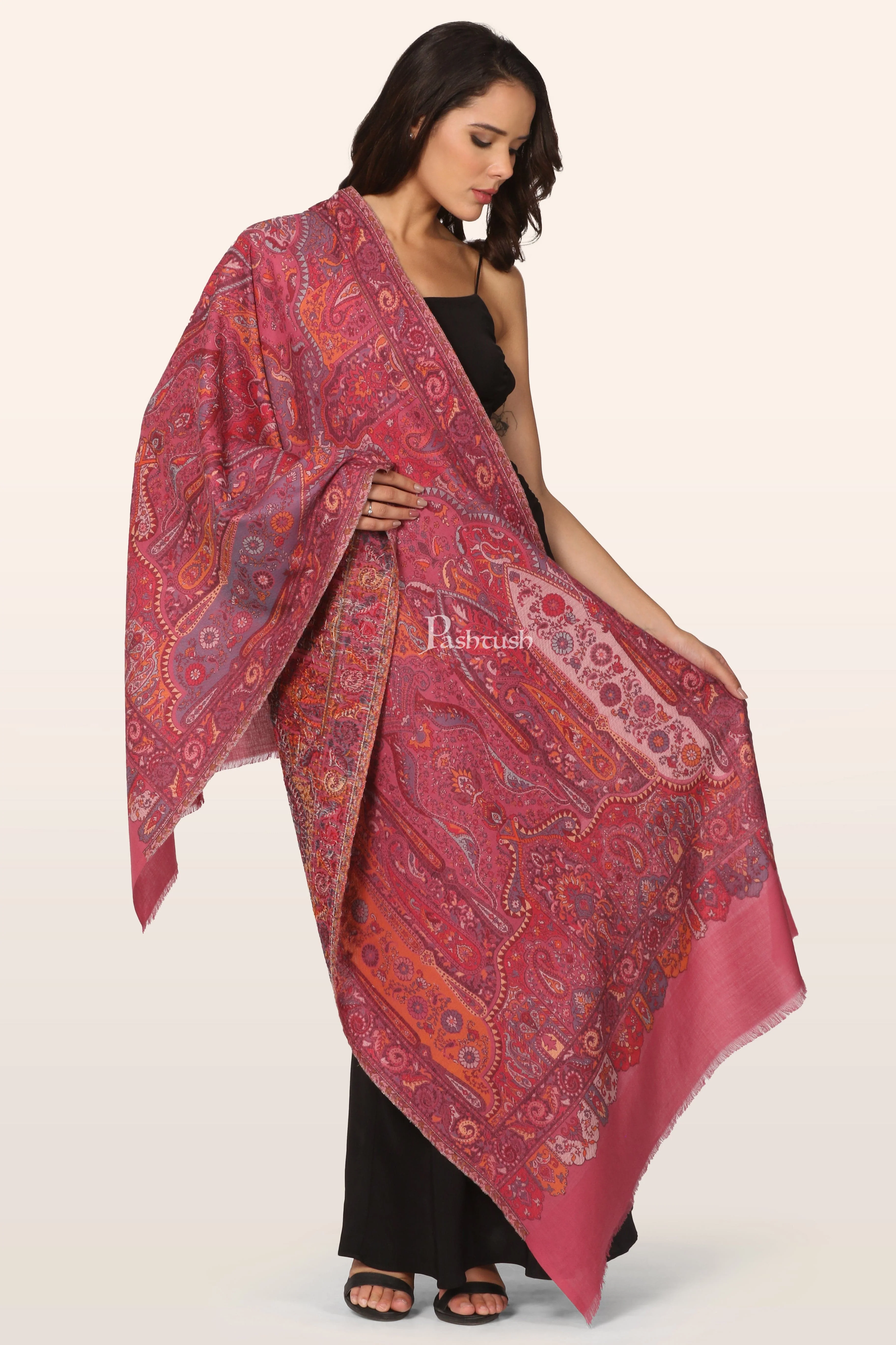 Pashtush Womens Faux Pashmina Stole, Ethnic Weave Design, Bright Pink - Image 3