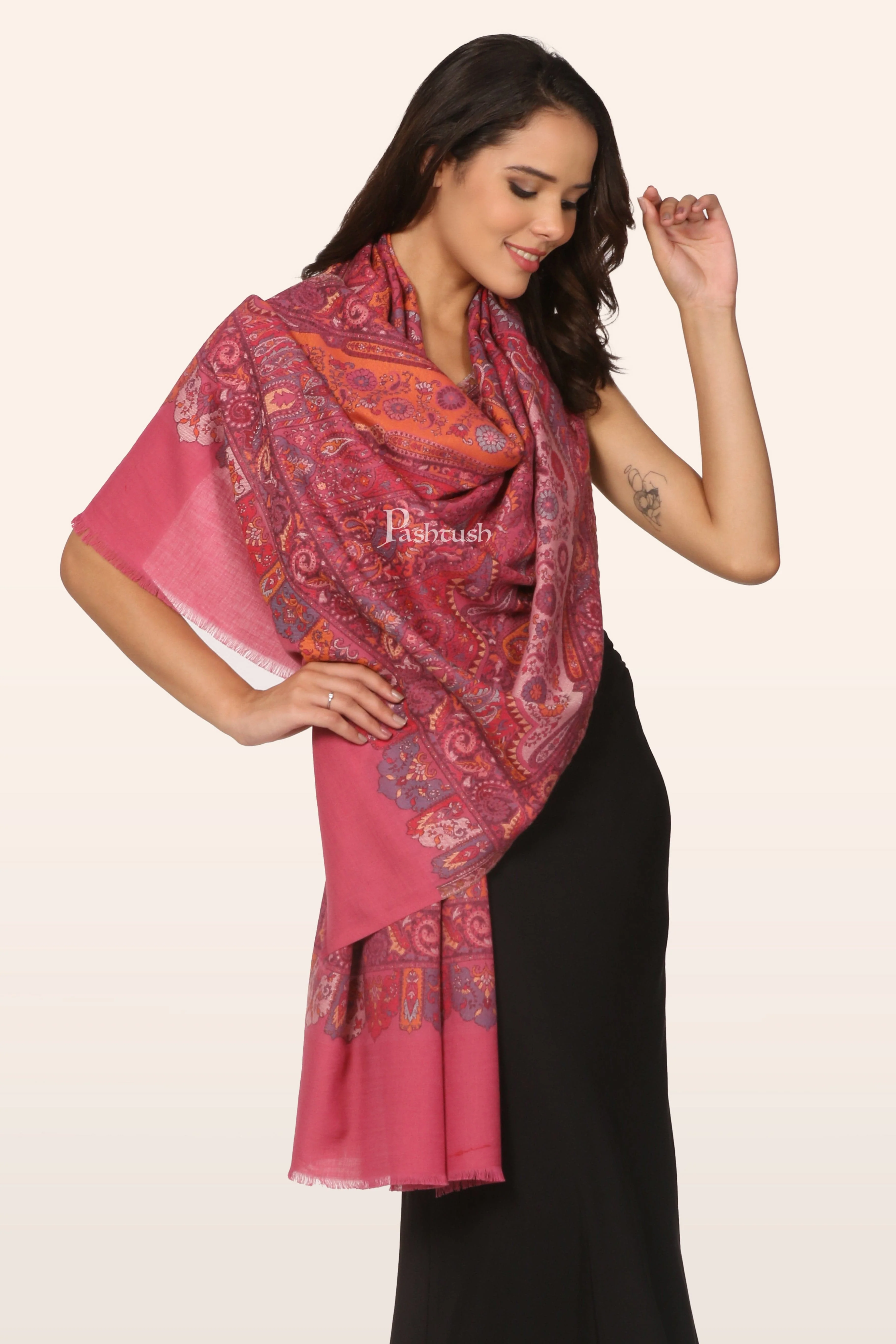 Pashtush Womens Faux Pashmina Stole, Ethnic Weave Design, Bright Pink - Image 5