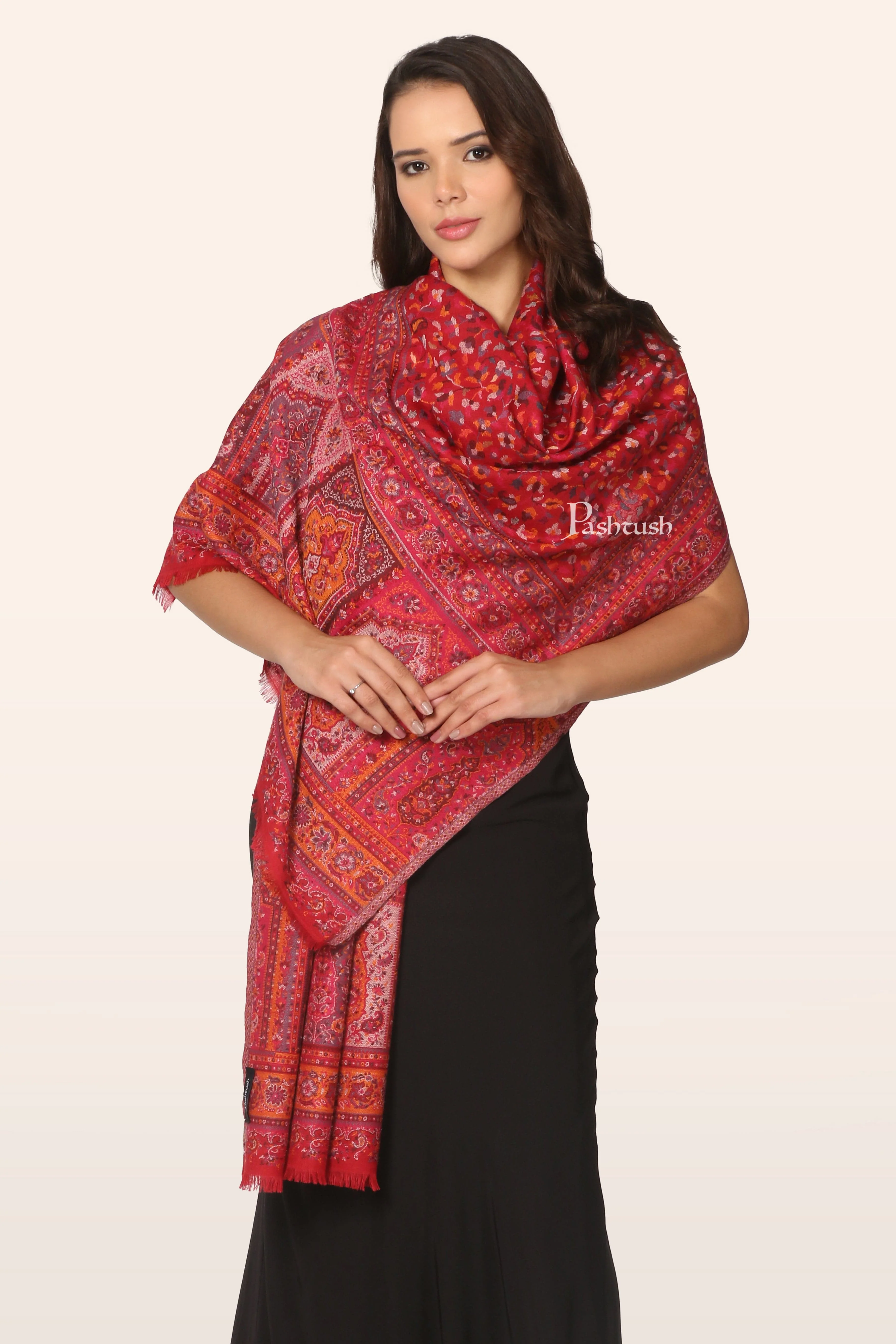Pashtush Womens Faux Pashmina Stole, Ethnic Weave Design, Maroon - Image 6