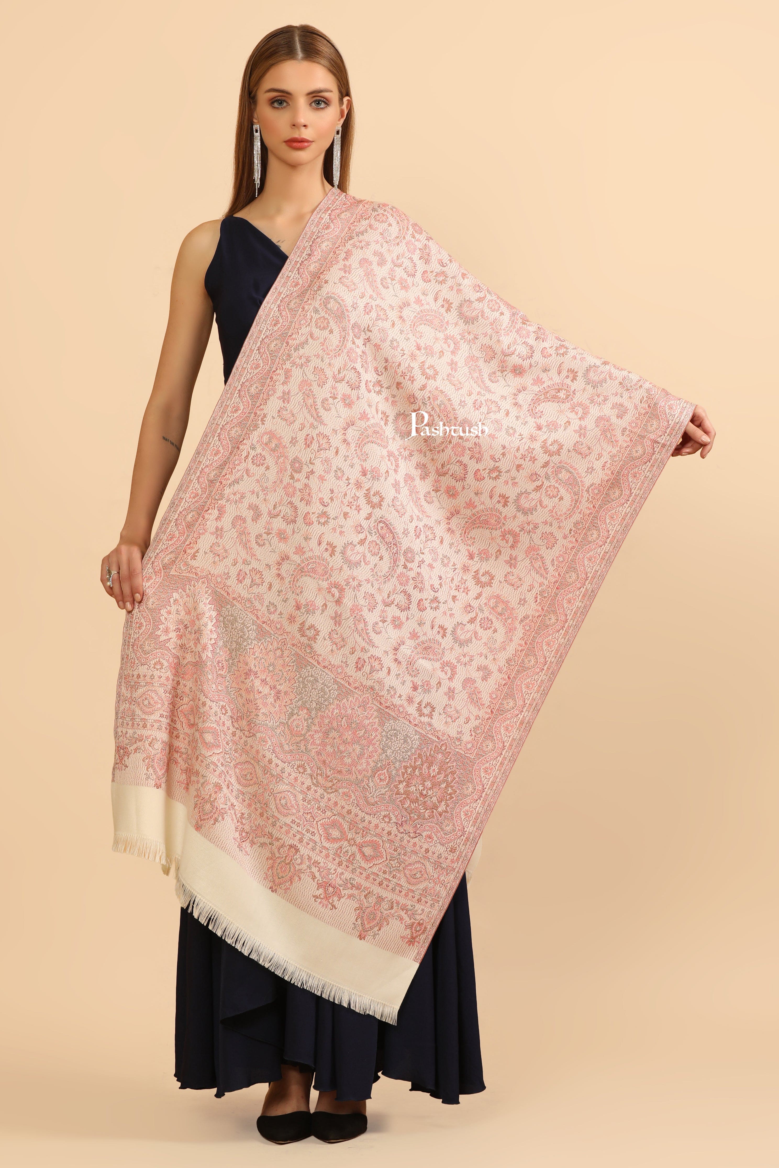 Pashtush Womens Faux Pashmina Stole, Paisley Design, Ivory