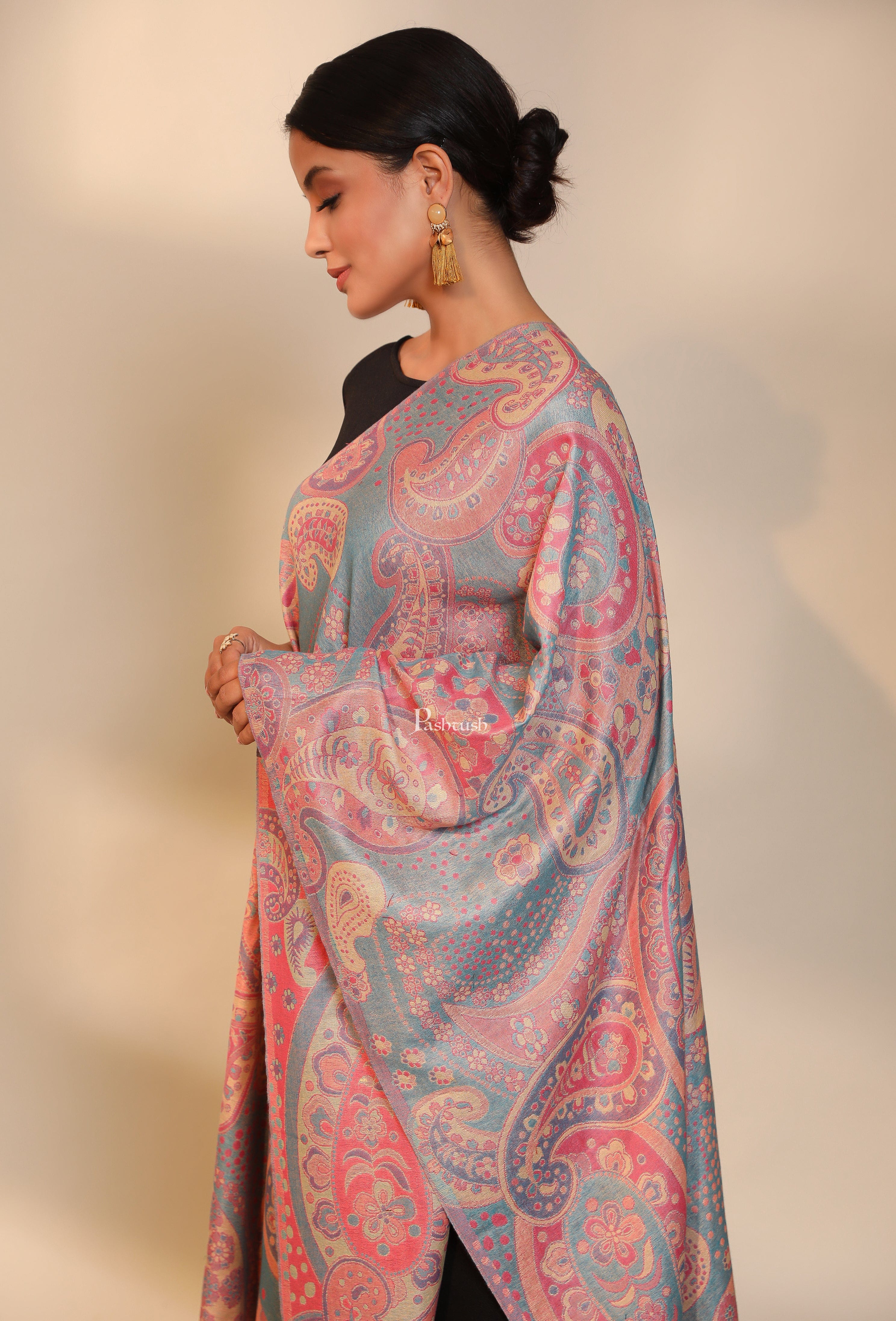 Pashtush womens Faux Pashmina stole, paisley weave design, Pink