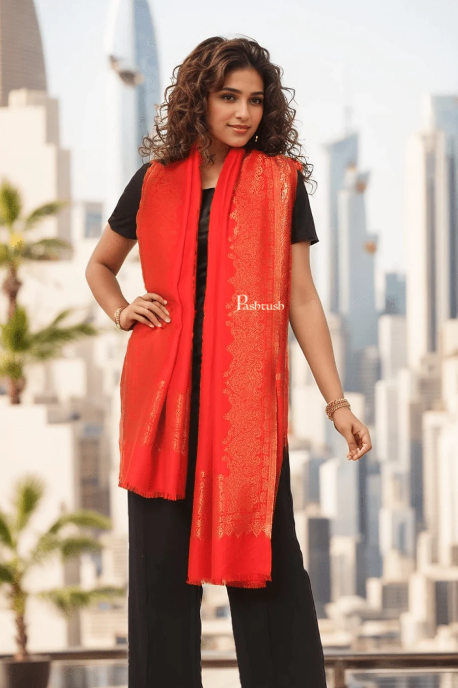 Pashtush Womens Faux Pashmina Stole, Pasiley Border With Zari Design, Red (Twilight)