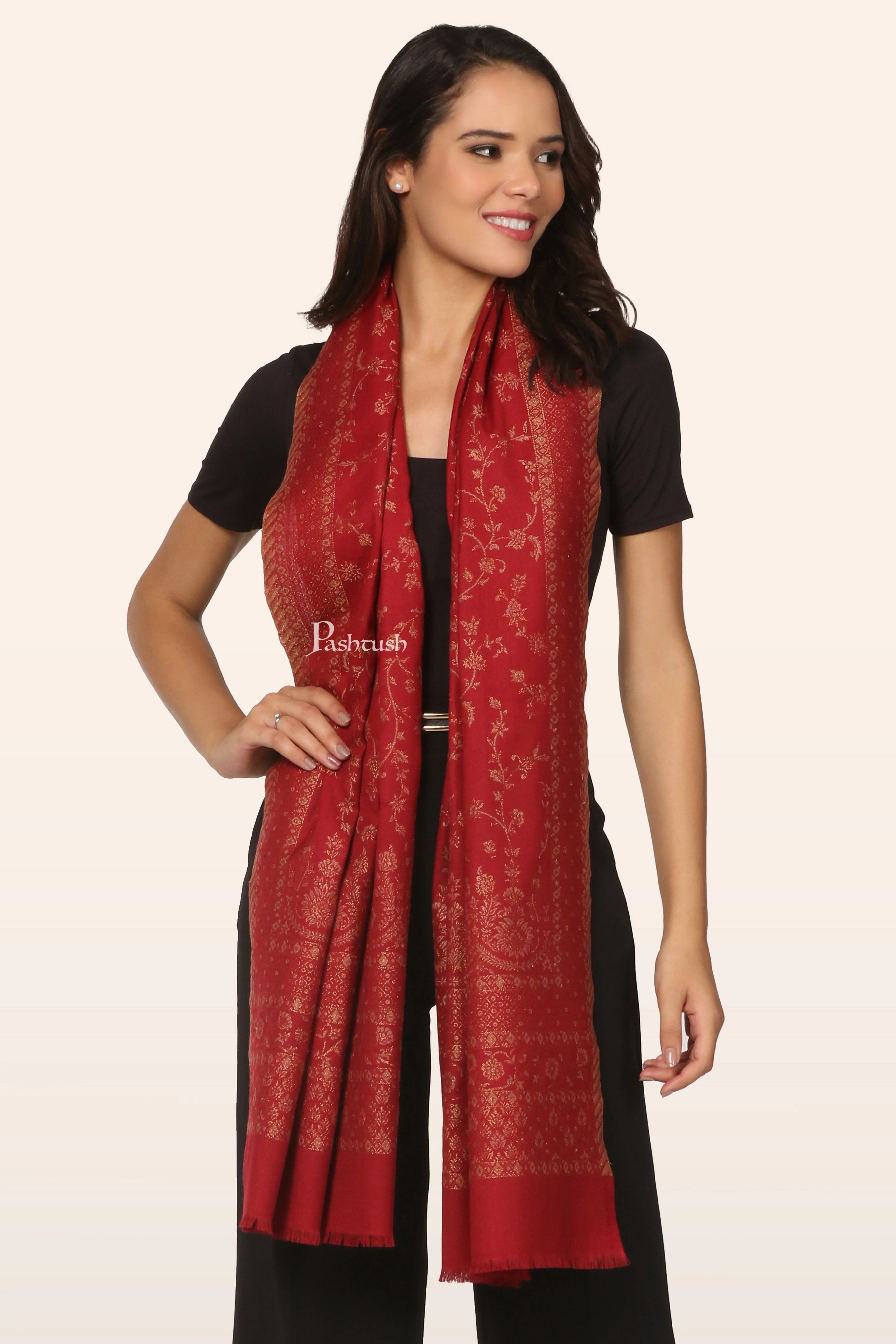 Pashtush Womens Faux Pashmina Stole, With Zari  Design, Maroon (Twilight) - Image 4
