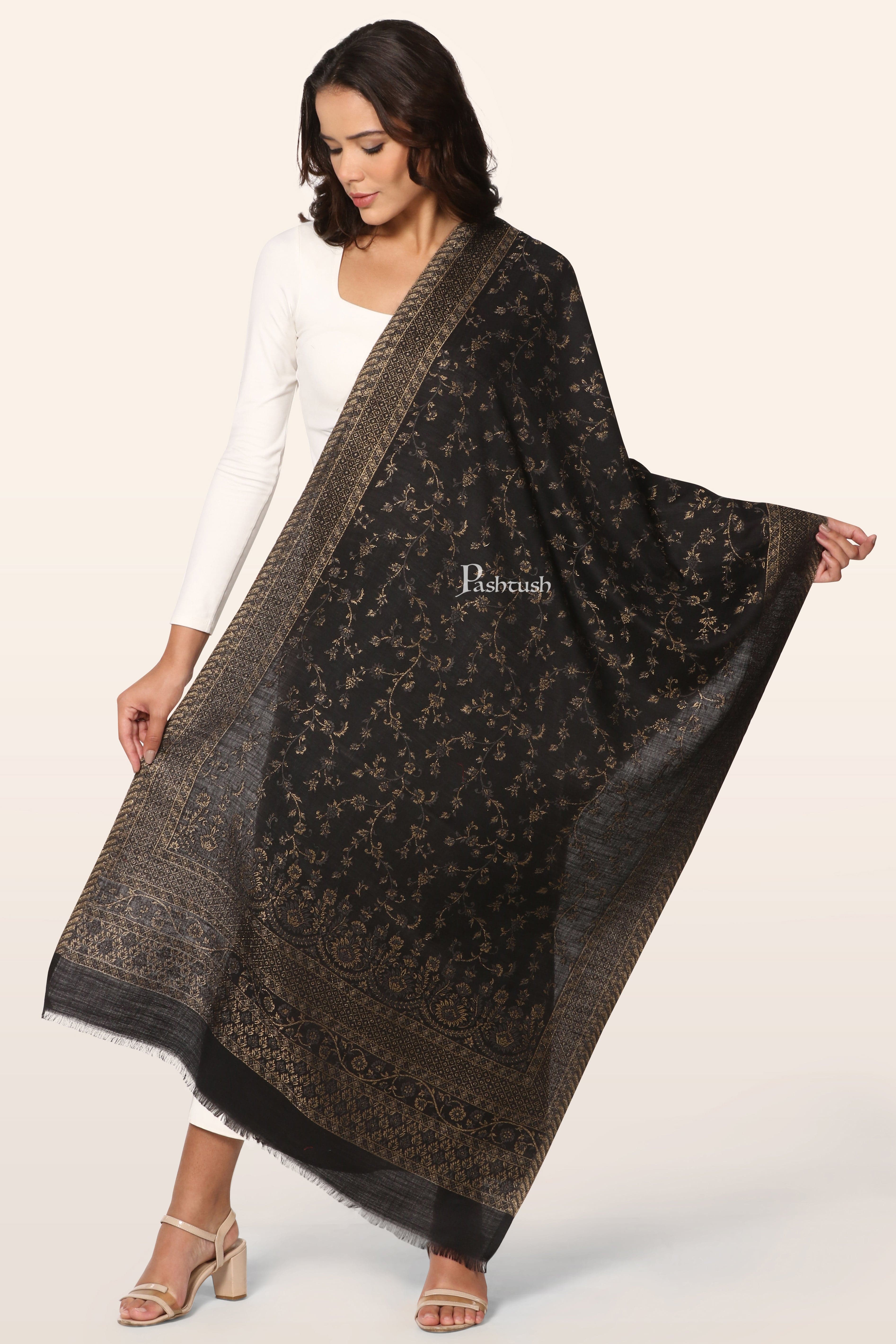Pashtush Womens Faux Pashmina Stole, With Zari Paisley Design, Black (Twilight) - Image 3