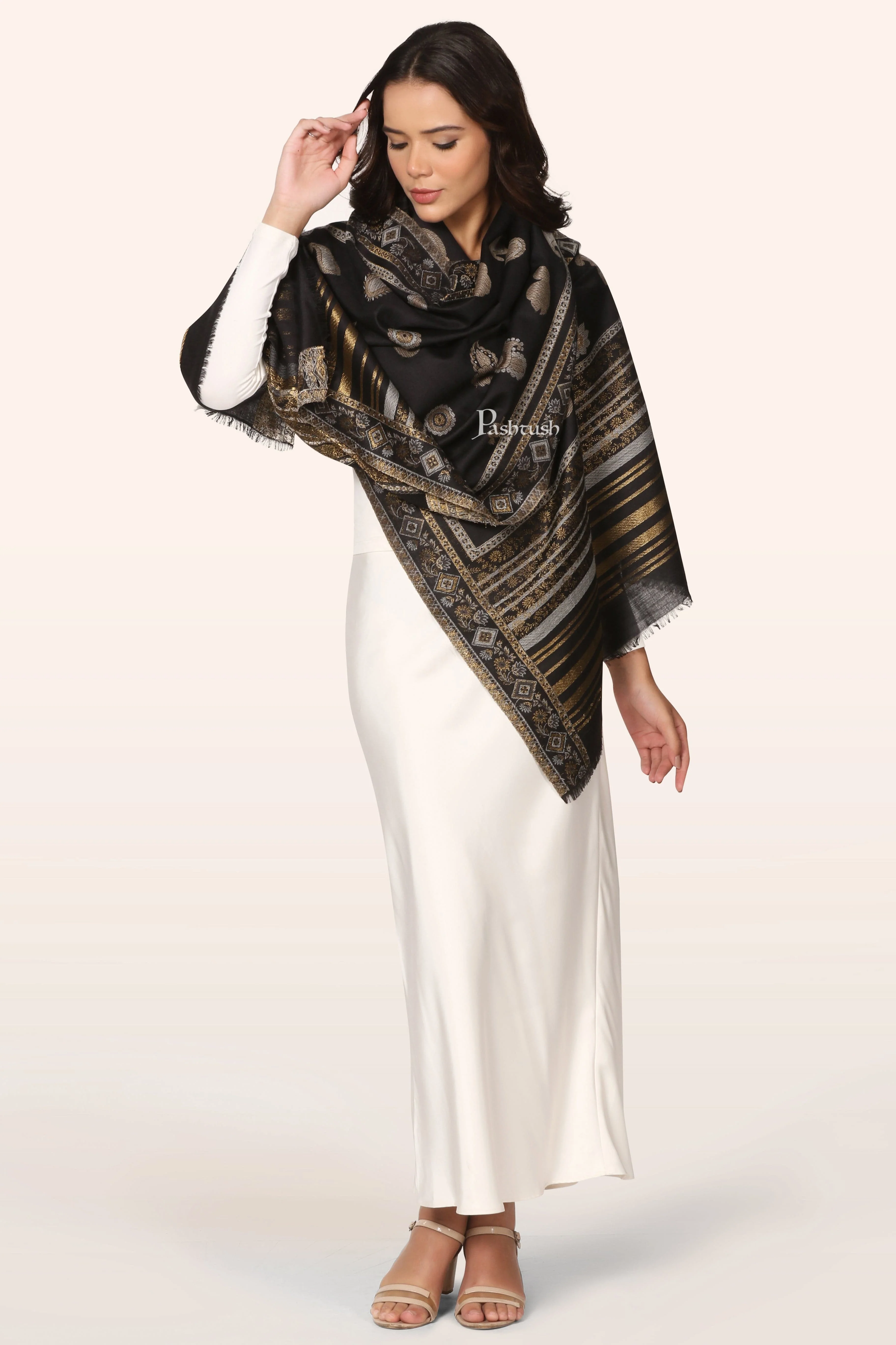 Pashtush Womens Faux Pashmina Stole, With Zari Paisley Design, Black - Image 3