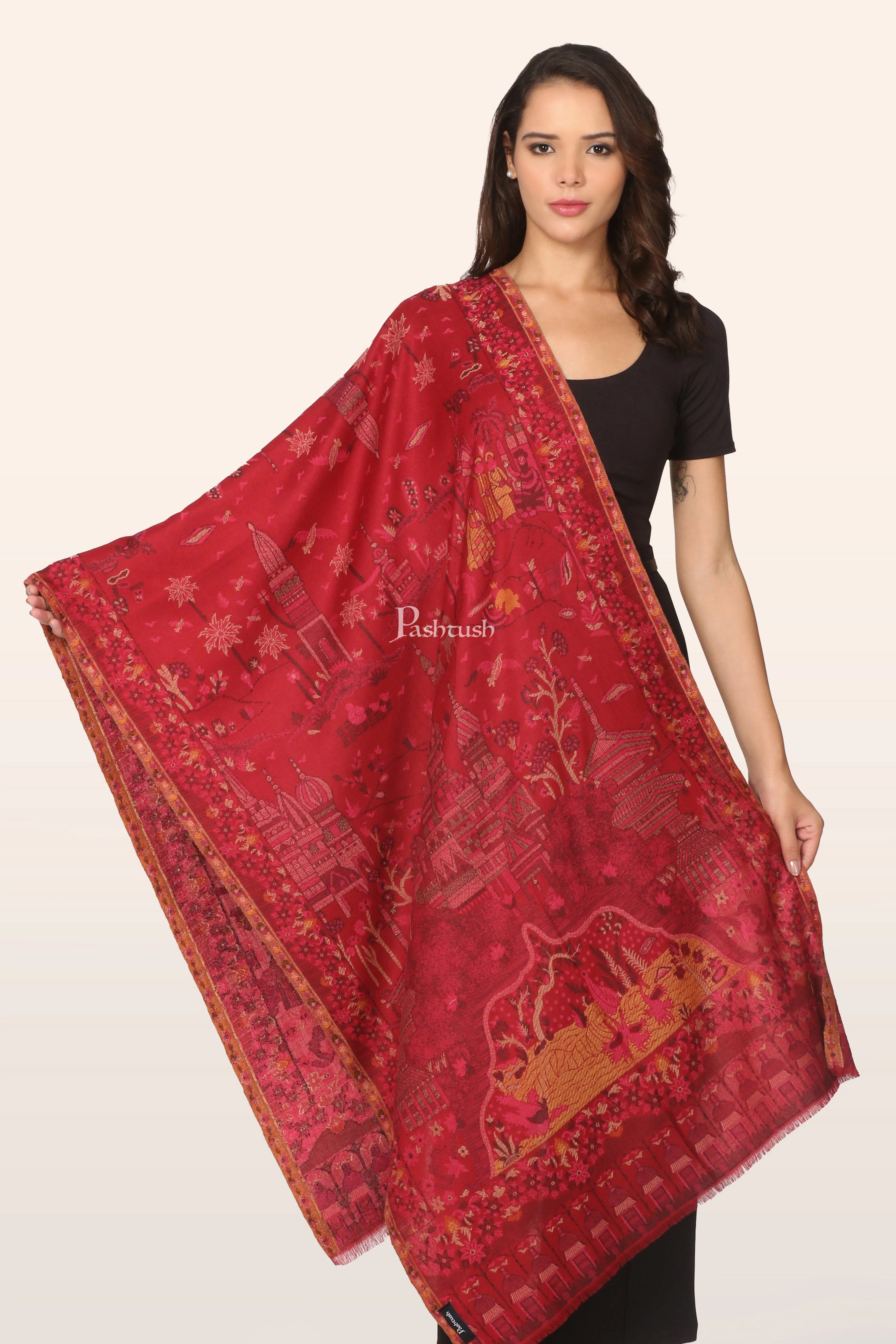 Pashtush Womens Faux Pashmina Stole, Woven Monument design, Crimson - Image 3