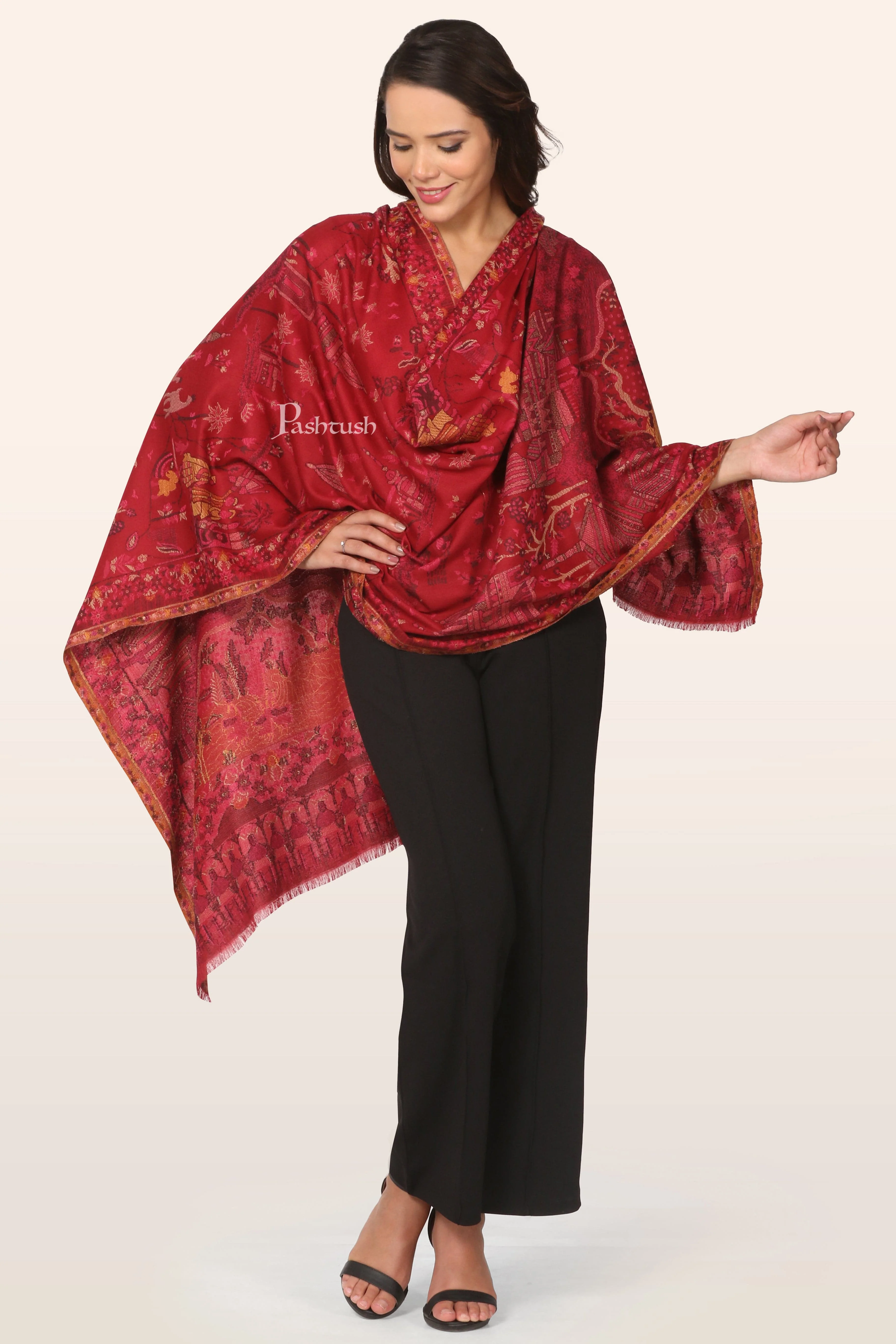 Pashtush Womens Faux Pashmina Stole, Woven Monument design, Crimson - Image 4