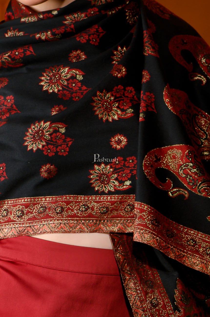 Pashtush Womens Faux Pashmina Stole, Zari Paisley Weave Design, Black (Twilight) - Image 5