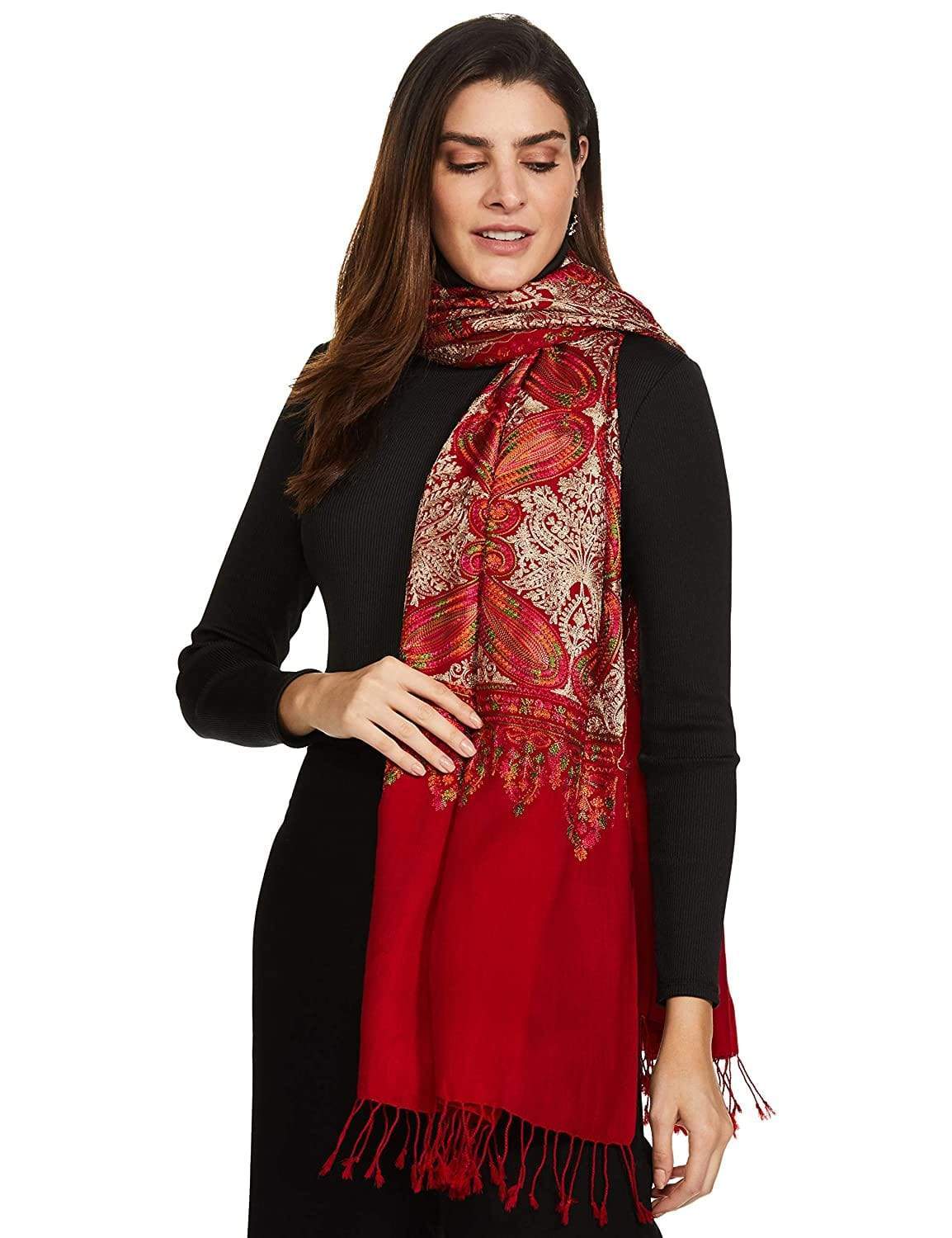Pashtush Womens Fine Count, Silky Thread Nalki Embroidery Stole, Crimson - Image 6