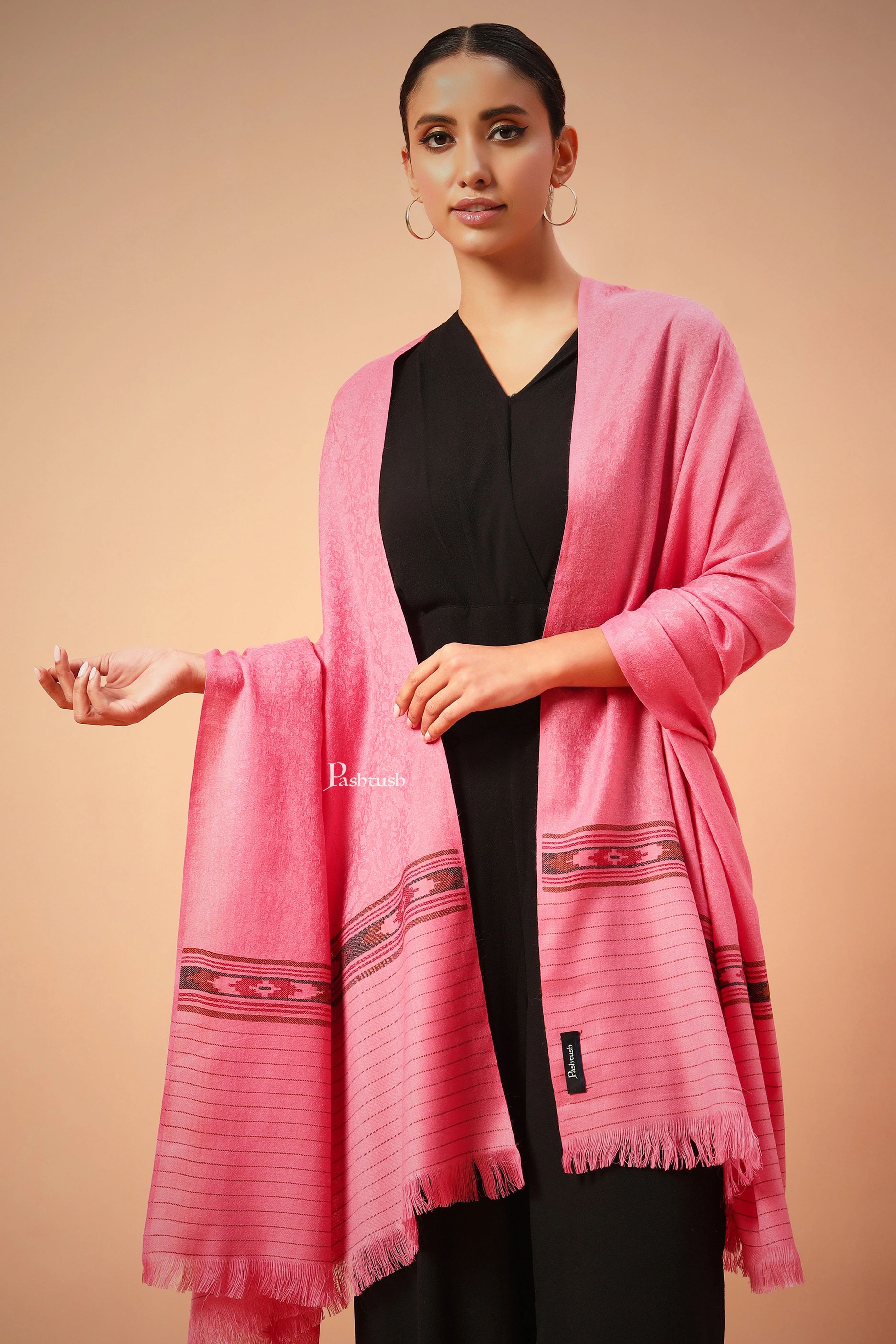 Pashtush Womens Fine Wool Aztec Weave Shawl, Soft And Warm, Pink - Image 6